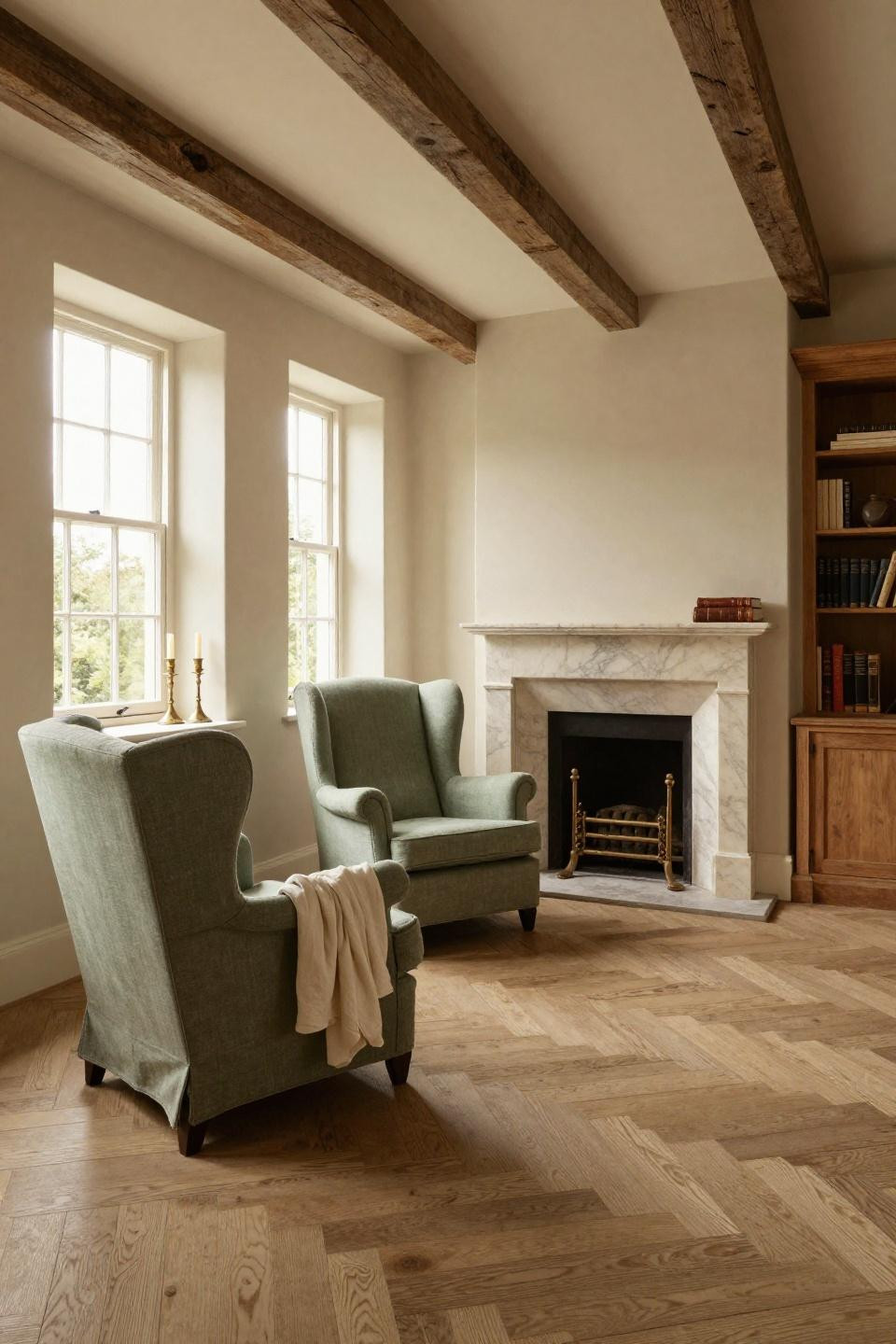 Small English Cottage living room with herringbone flooring