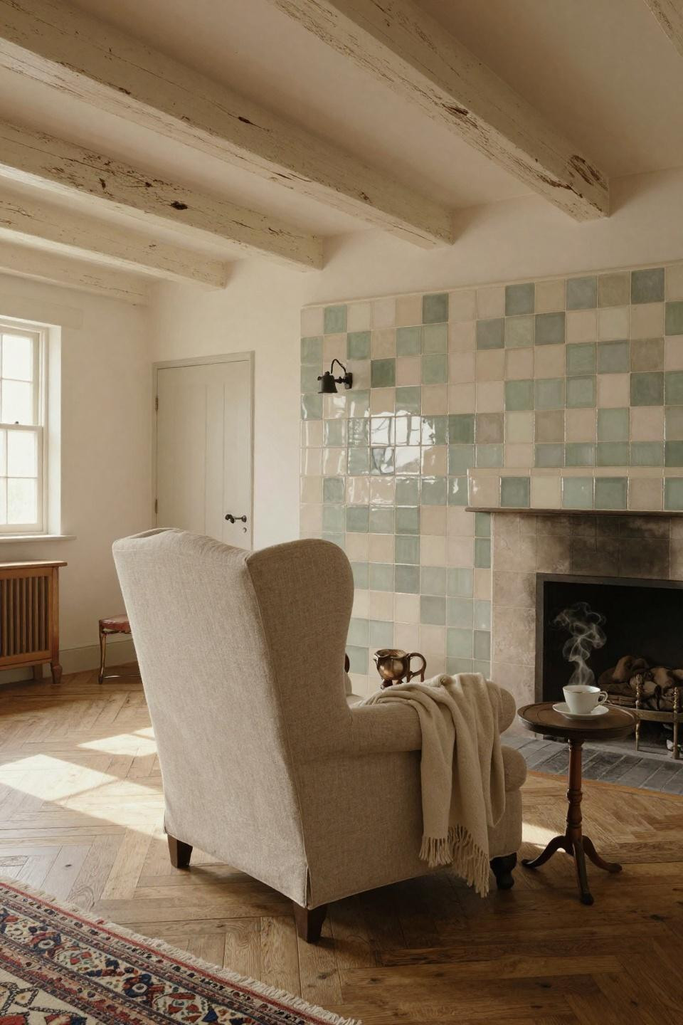 Vintage English Cottage Interiors with Zellige tile fireplace
