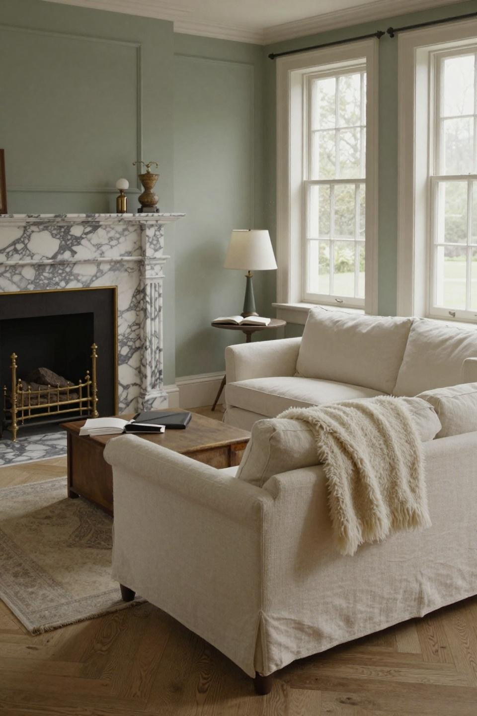Modern English Cottage Interiors featuring Carrara marble fireplace