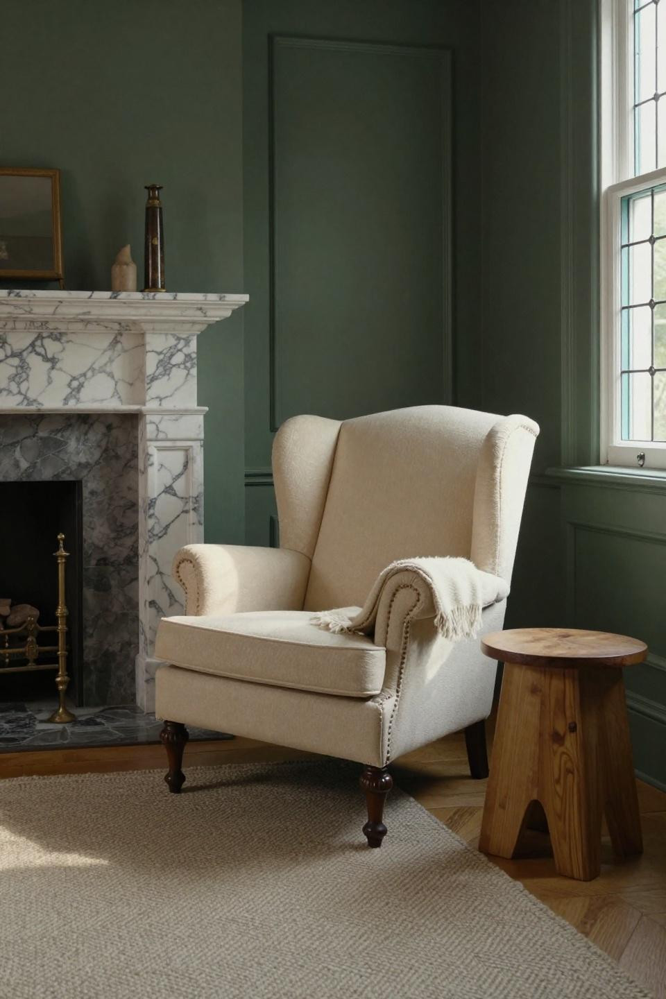 English Cottage House interior with sage green accent wall