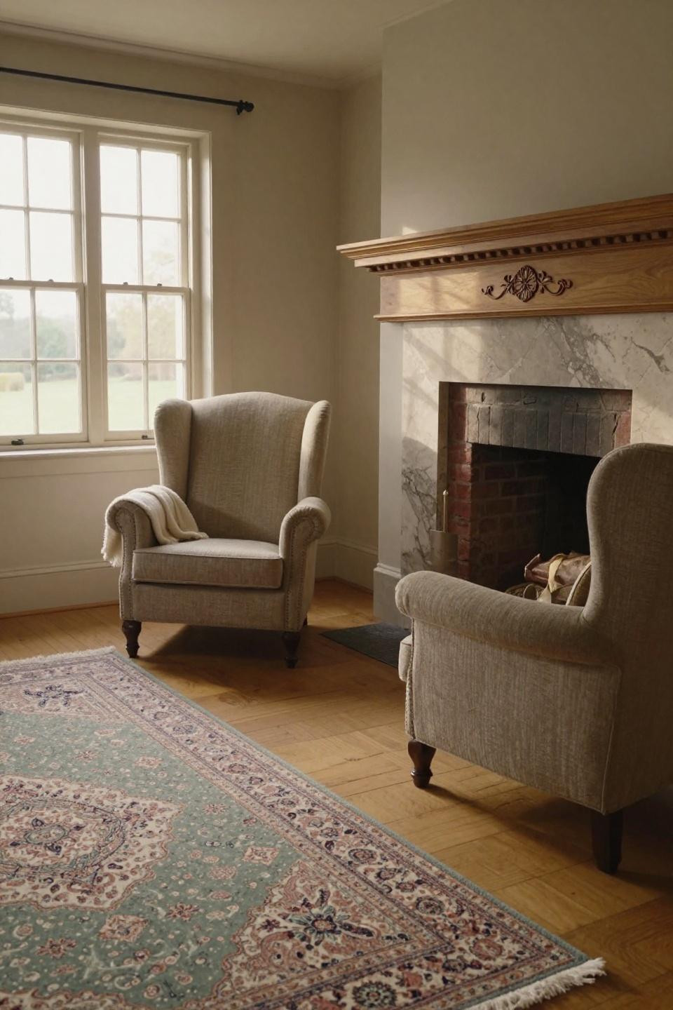 Old English Cottage Interiors with Persian rug and wingback chairs