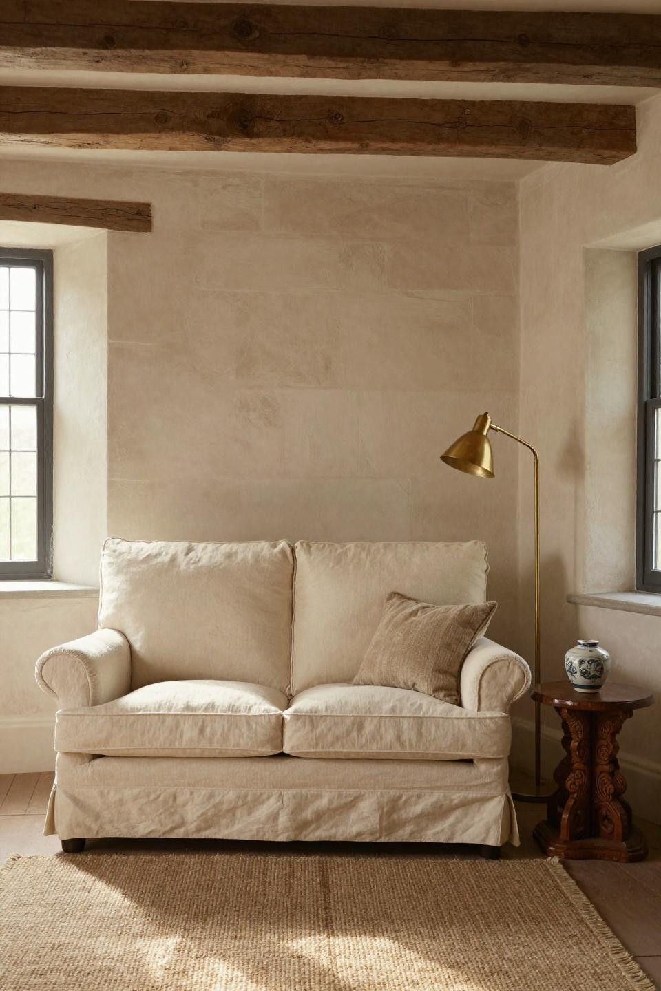 French Cottage Interiors featuring exposed stone walls and brass lighting