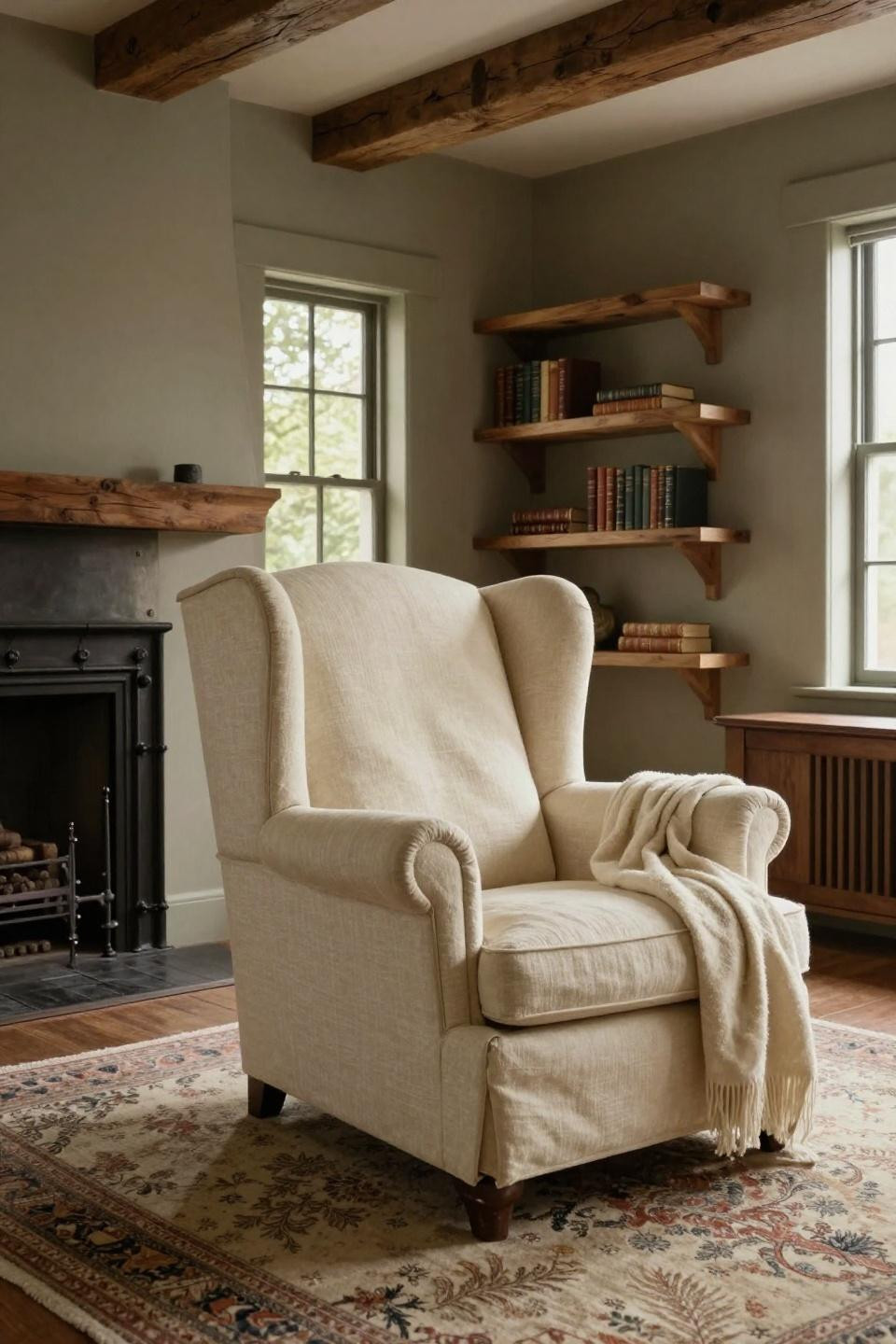French Cottage Style living room with Belgian linen wingback chair