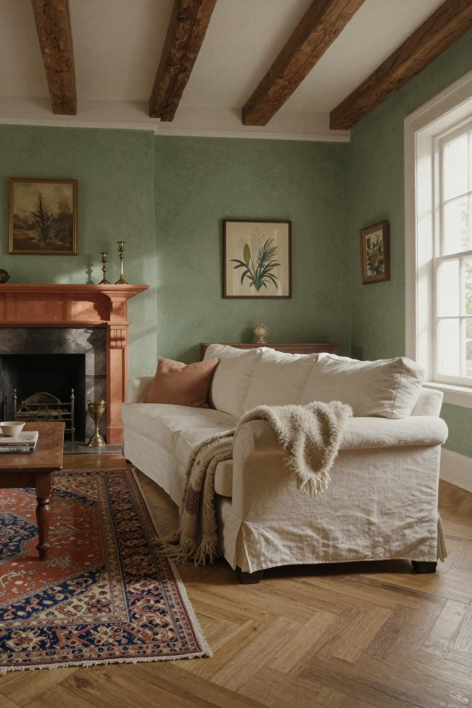 Cosy Cottage Living Room with cream linen sofa and sage green walls