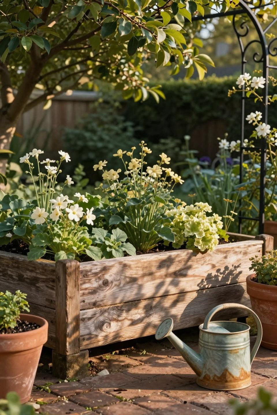 Cottage style garden with reclaimed oak raised beds and vegetables