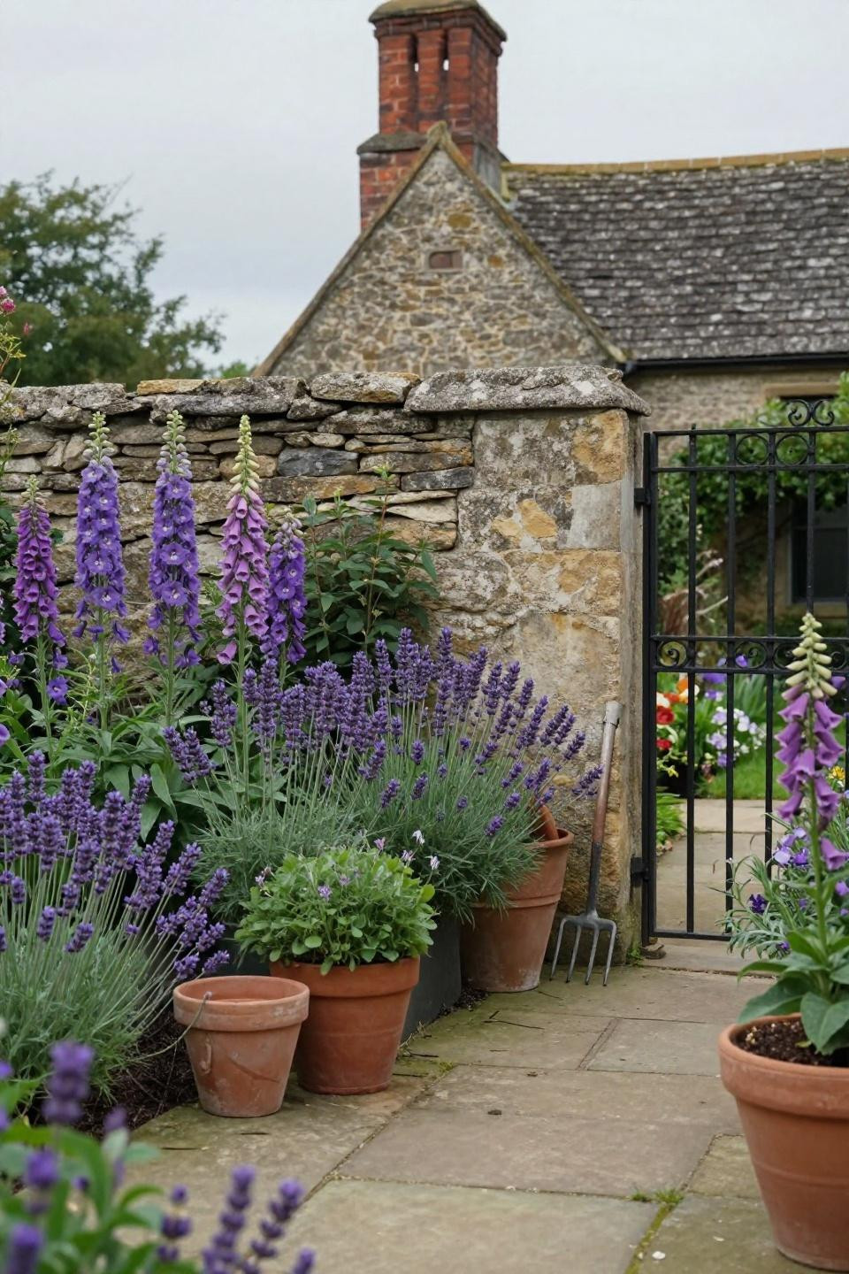 Cottage style garden with limestone wall and herbaceous borders