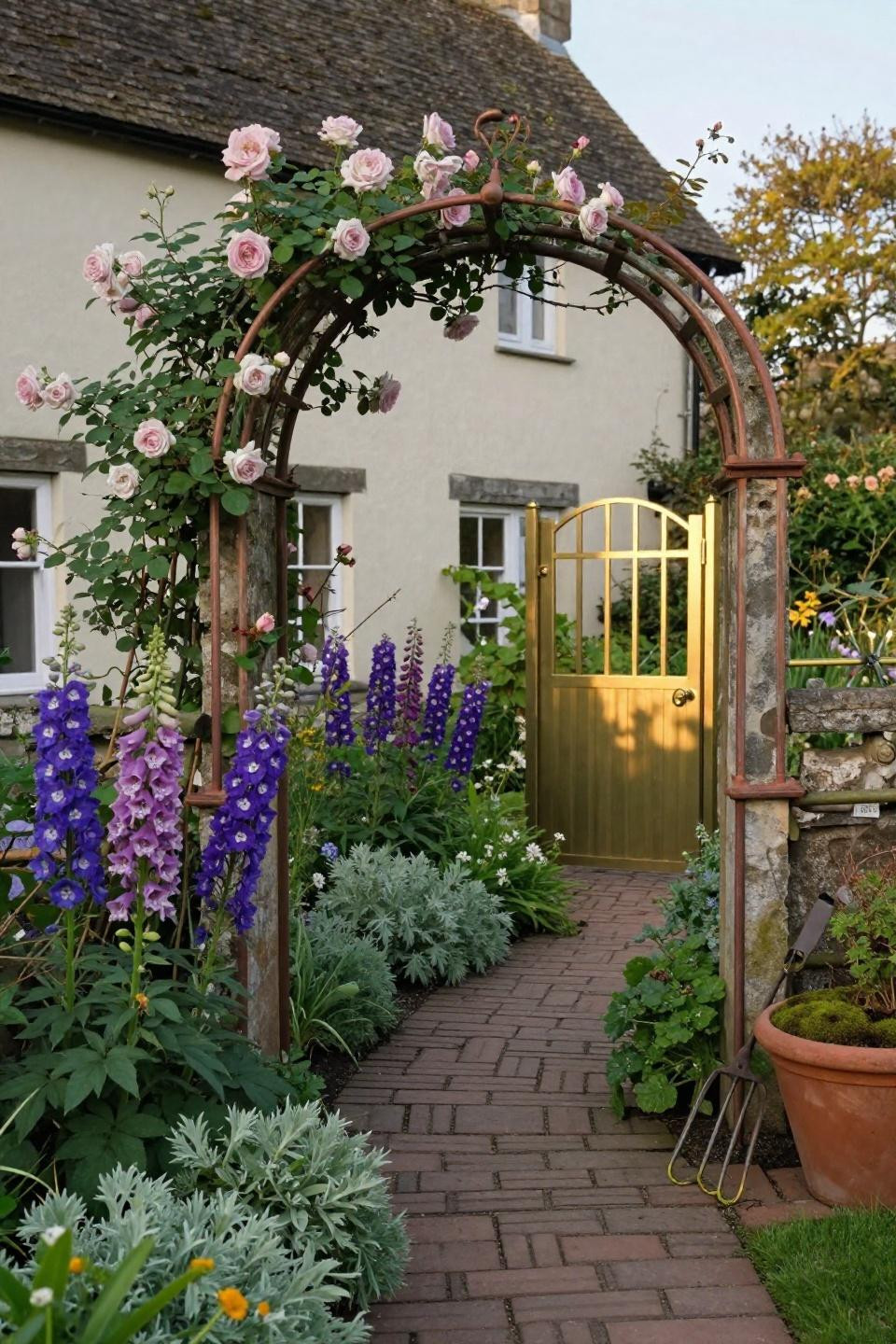 Cottage style garden with brass gate and copper arbor