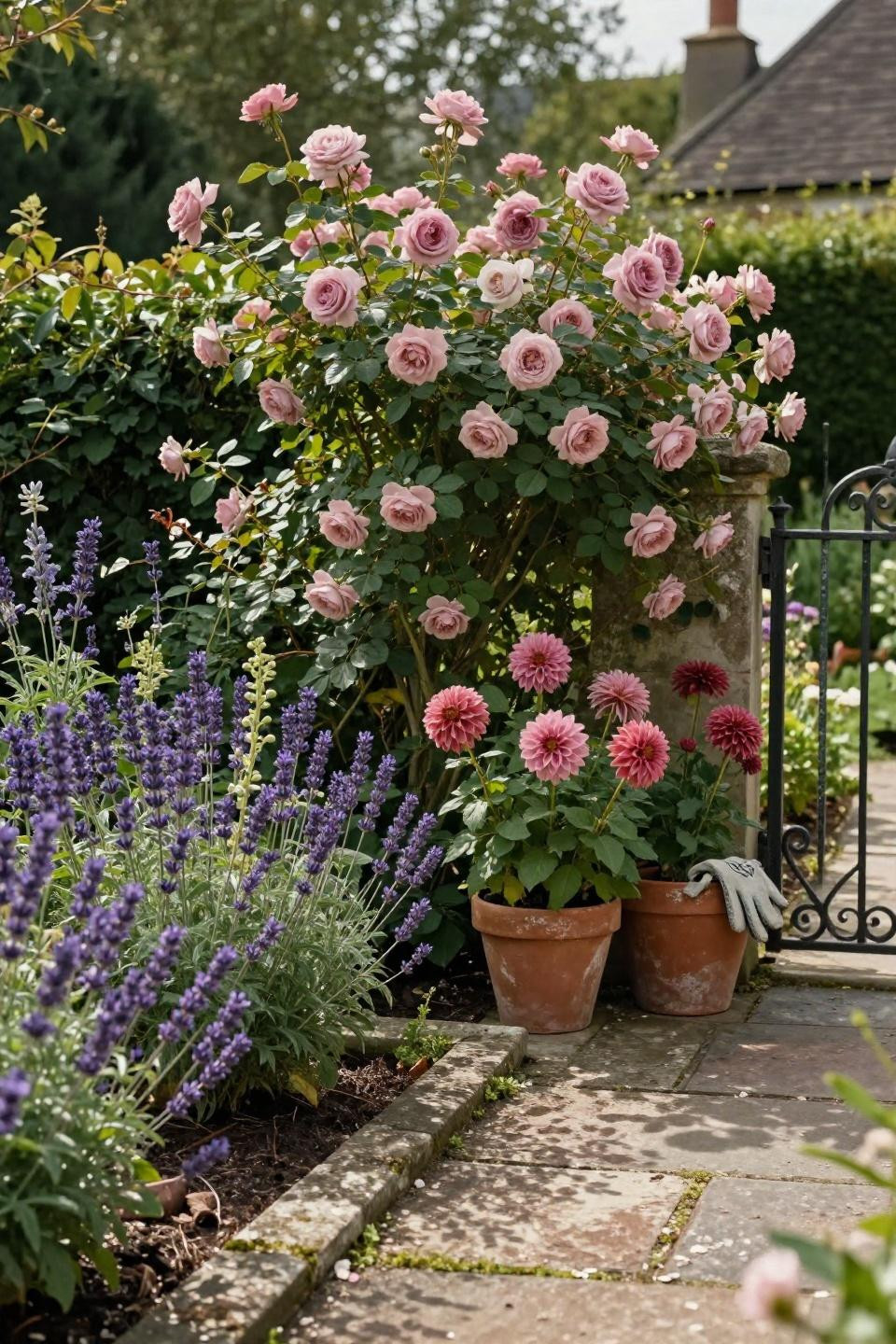 Cottage style garden with travertine edging and lavender borders
