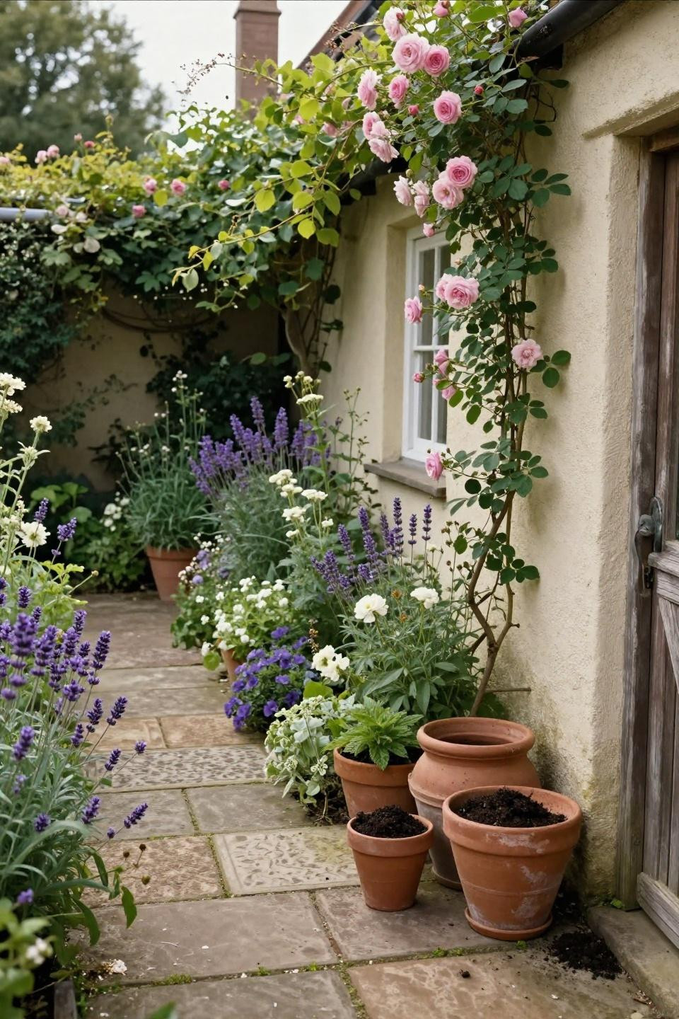 Cottage style garden with clustered terracotta pots and climbing roses