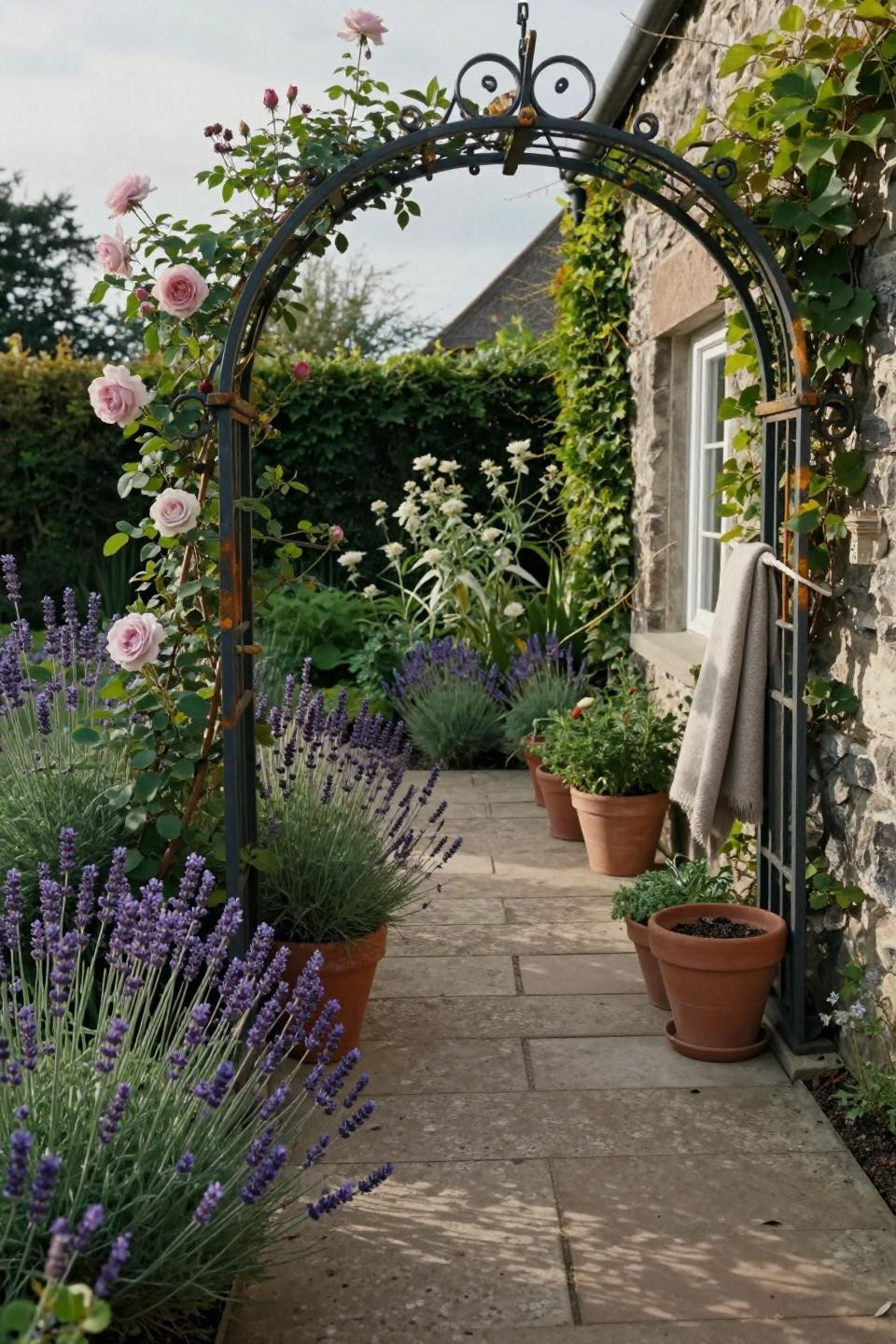 Cottage style garden entrance with hand-forged iron archway