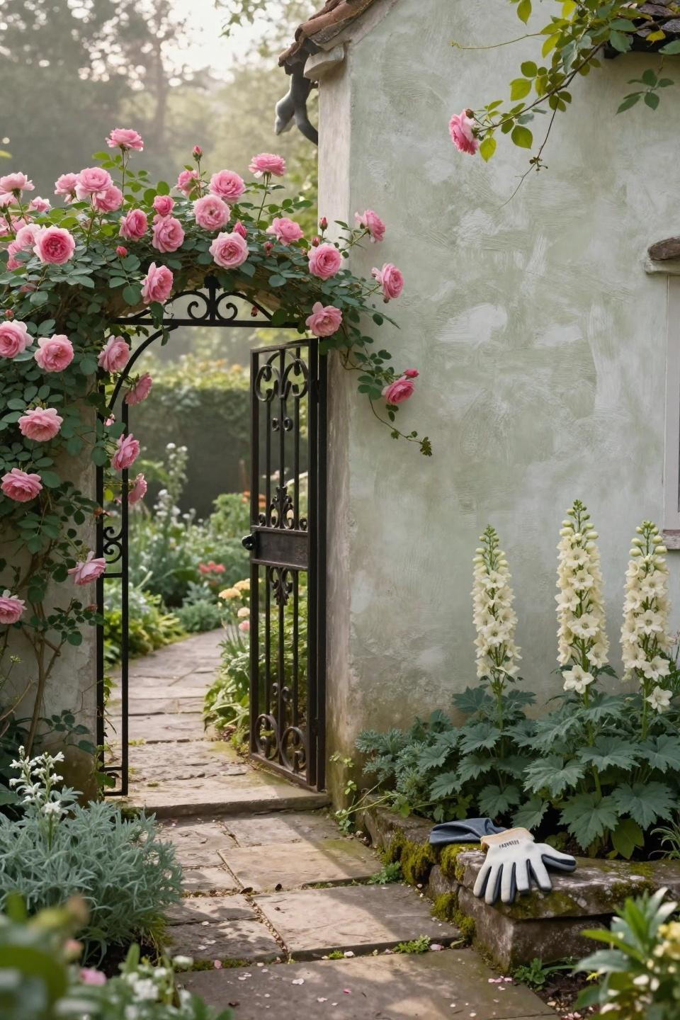 Cottage style garden with ornate iron gate and climbing roses