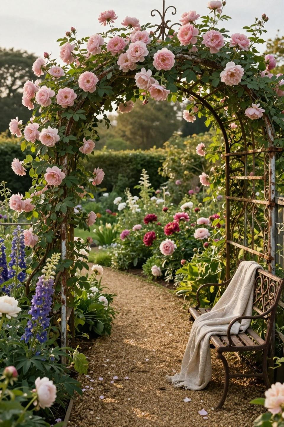 Cottage style garden with climbing roses on wrought-iron arbor