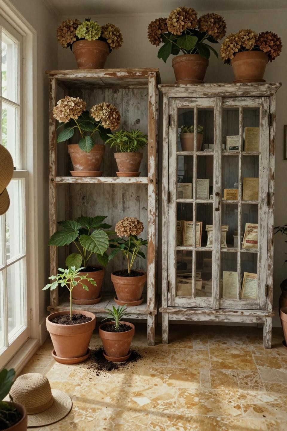Cottage style garden room with reclaimed wood shelving and travertine floors