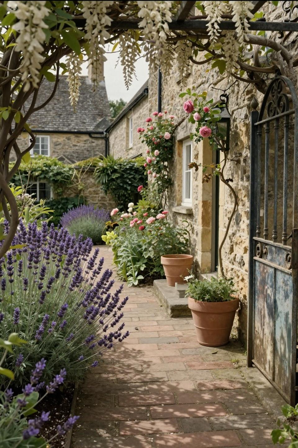 Cottage style garden with twisted wisteria and aged brick pavers