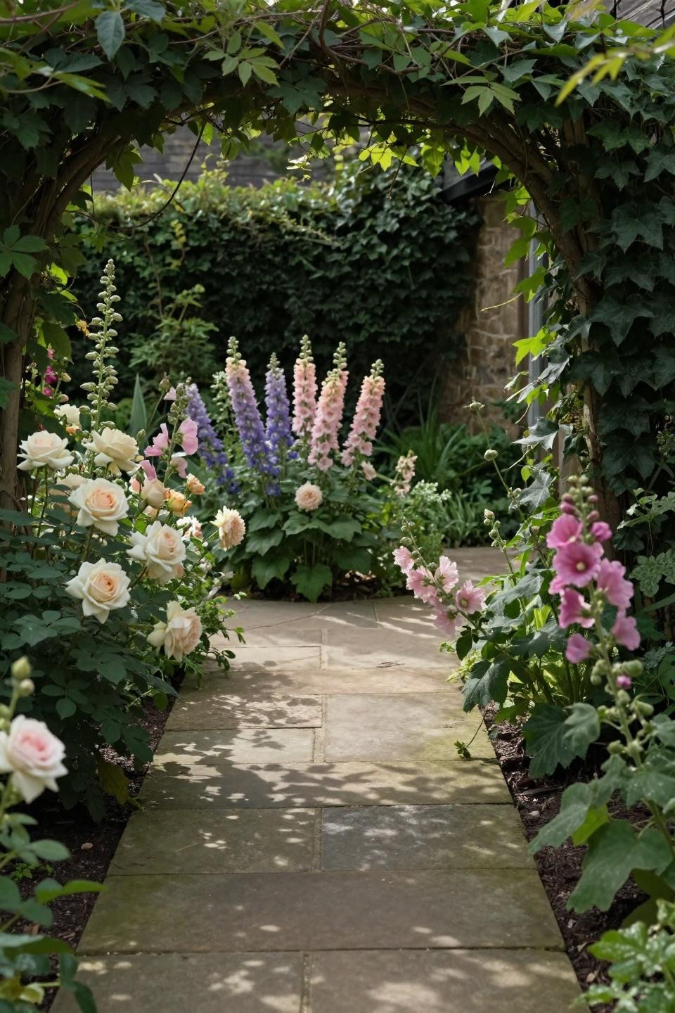 Cottage style garden with flagstone path through perennial beds