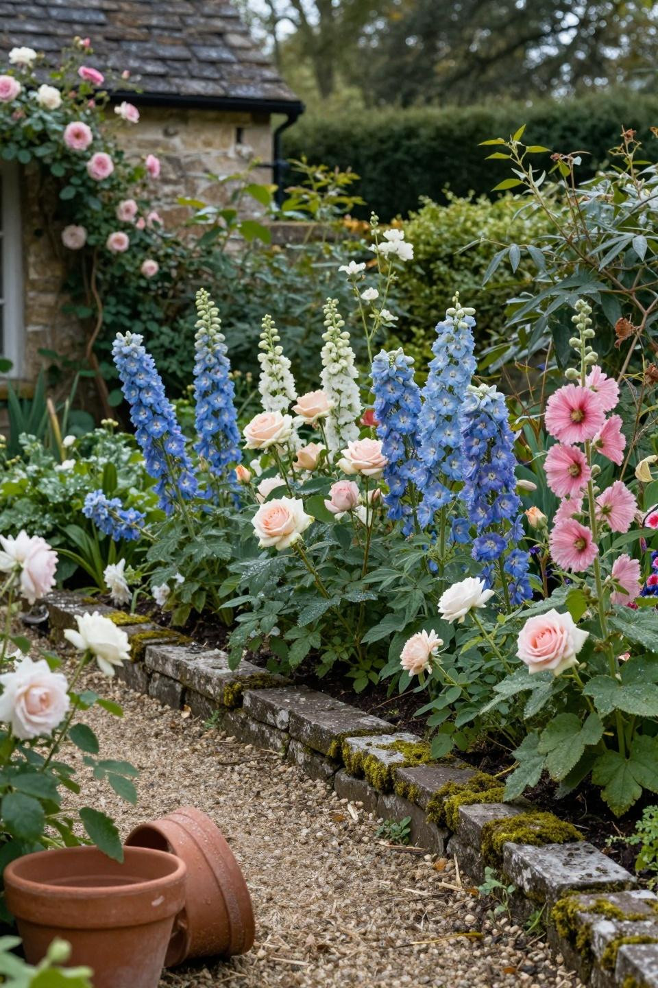 Cottage style garden with delphinium and weathered limestone edging