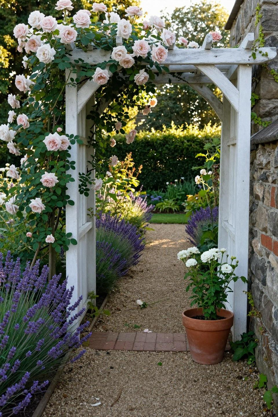 Cottage style garden with heritage climbing roses on timber arbor