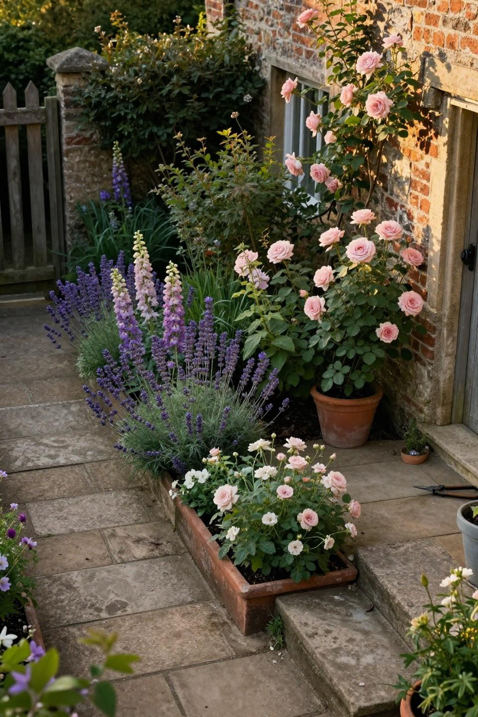 Cozy garden with lavender borders and worn travertine pathways