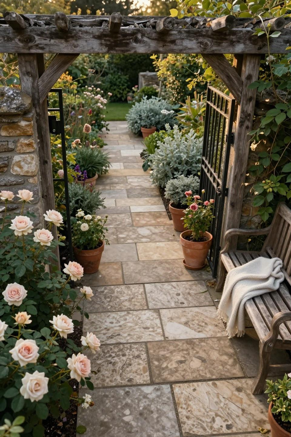 Fairycore garden entrance with heirloom roses and travertine pavers