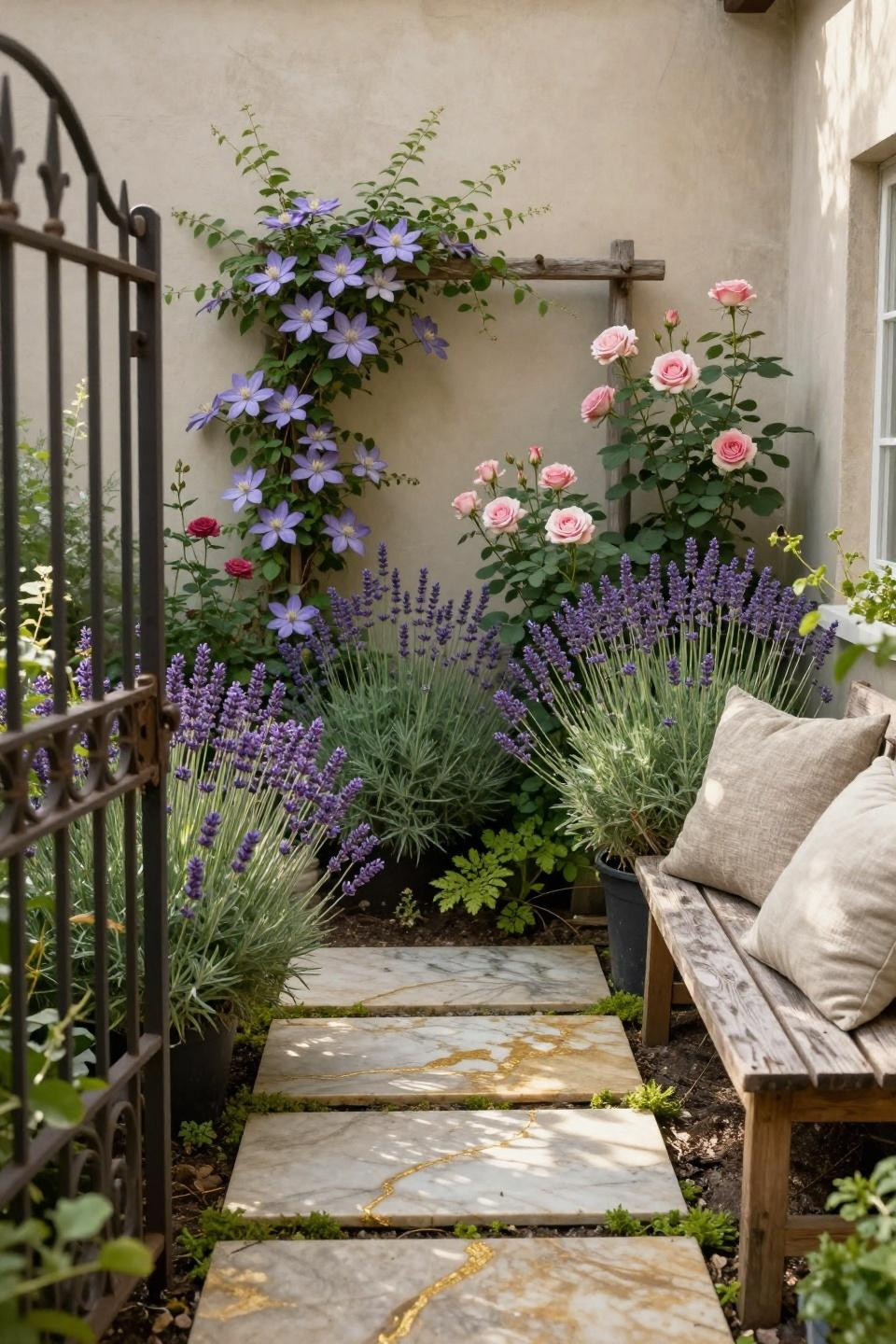 Small cottage garden with marble stepping stones and mounding lavender