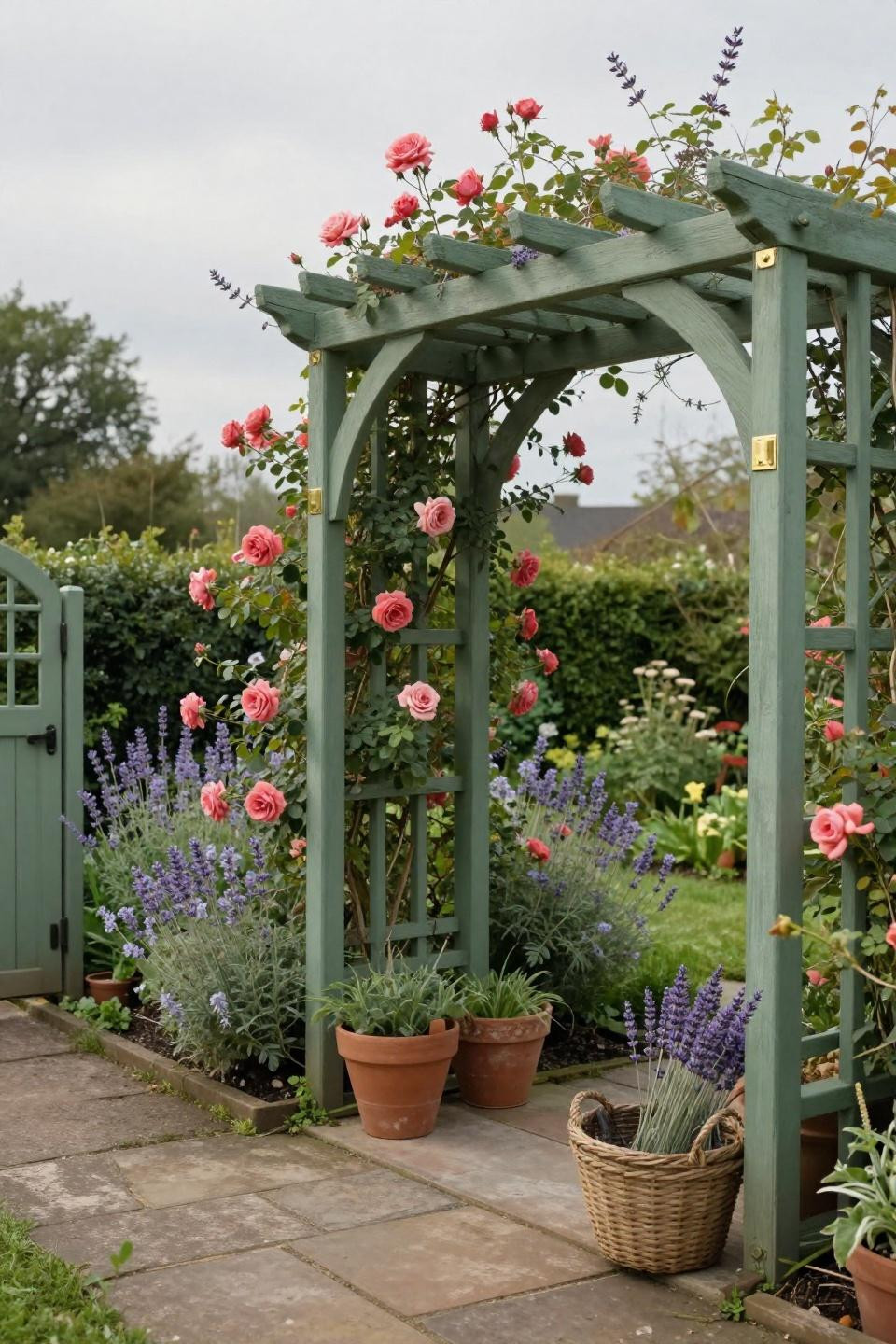 Cottage garden aesthetic with sage arbor and coral roses