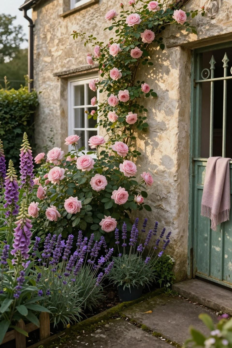 Cottage garden inspiration with soft pink roses and lime-washed walls
