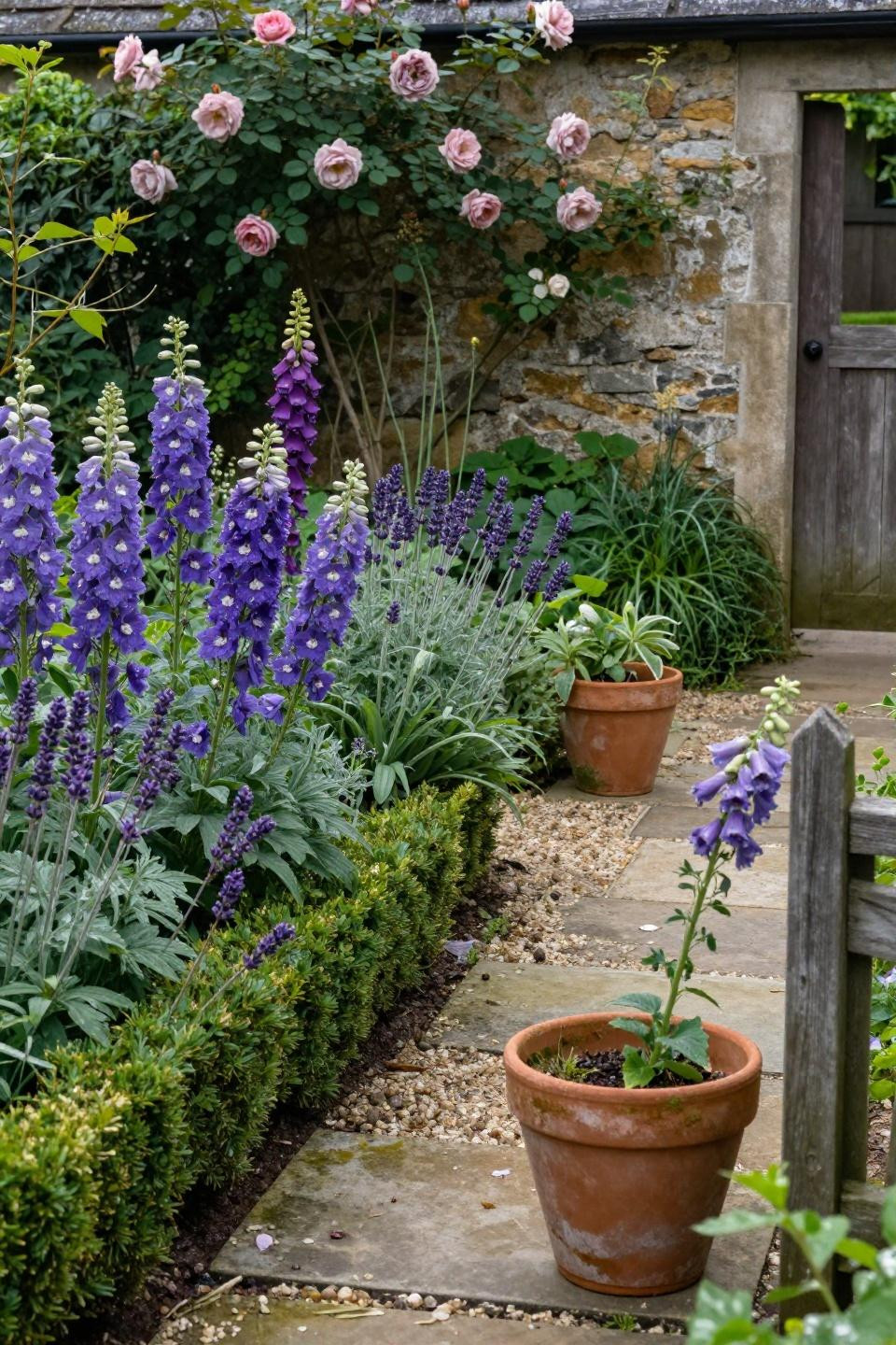 English country gardens with layered flowering abundance and box hedging