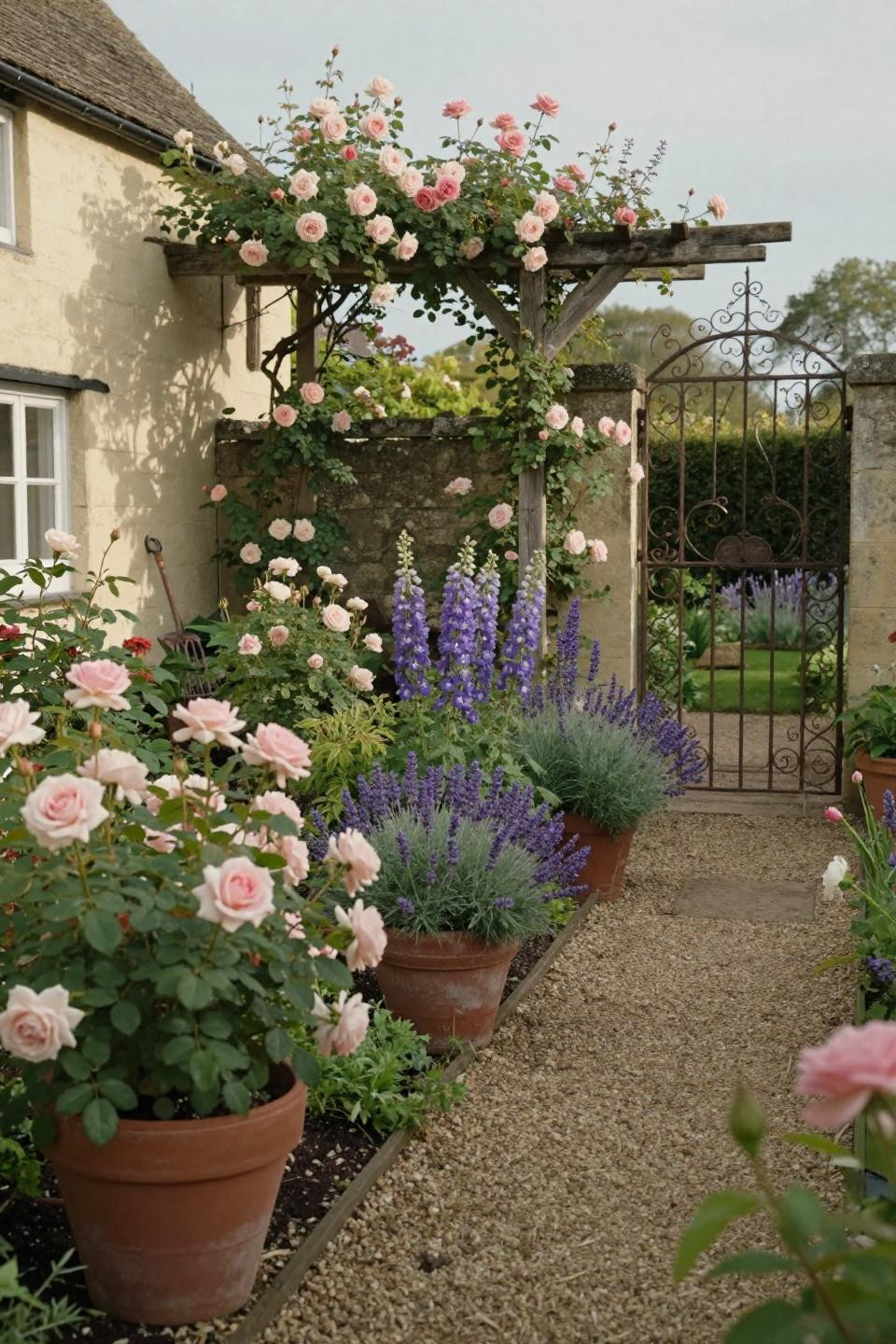 Cottagecore garden with layered English roses and delphiniums