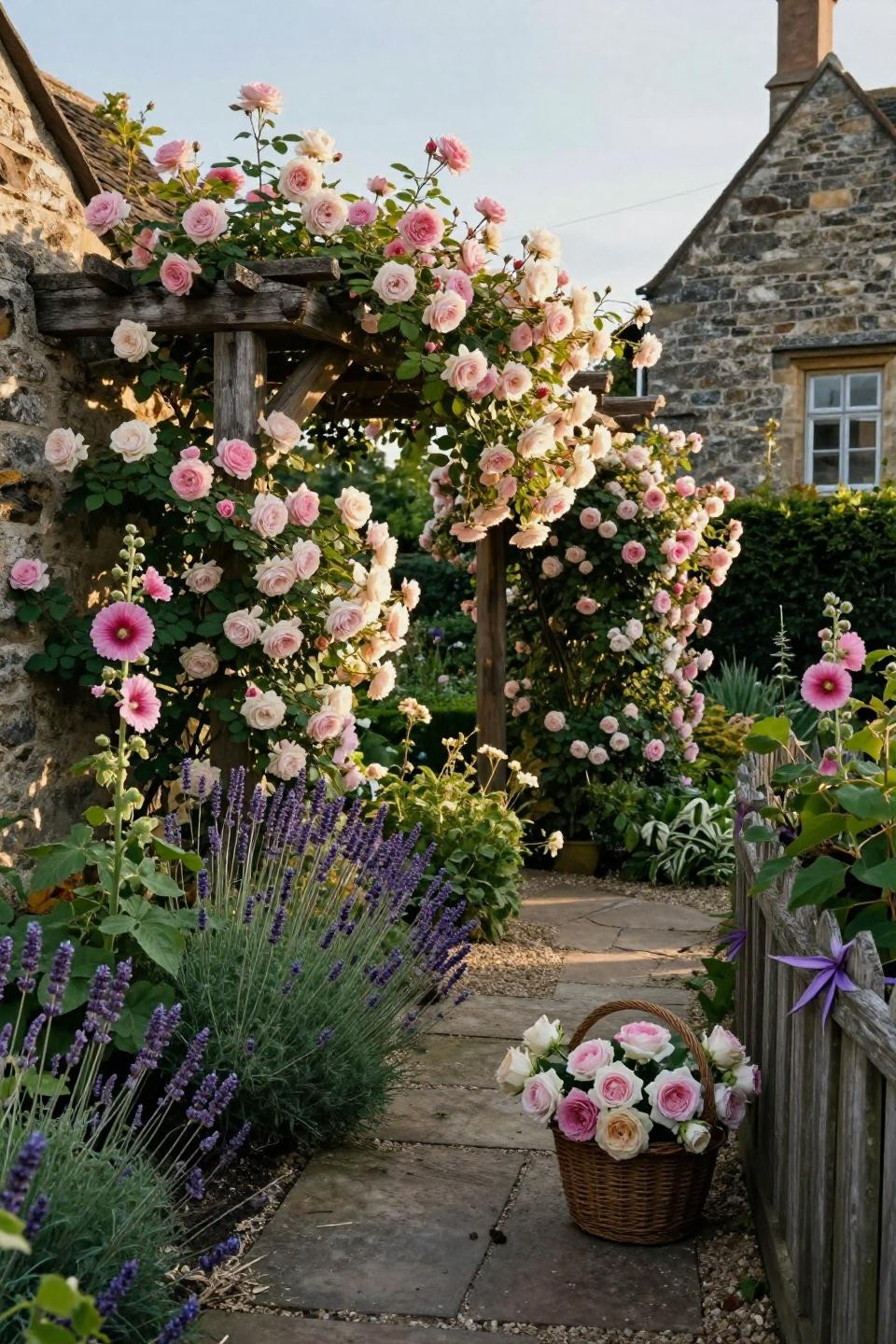 French cottage garden with climbing roses on weathered stone arbor