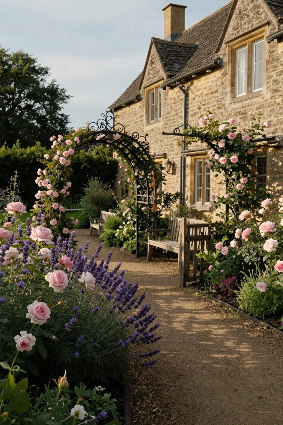 English garden aesthetic with roses and lavender against Cotswold stone cottage