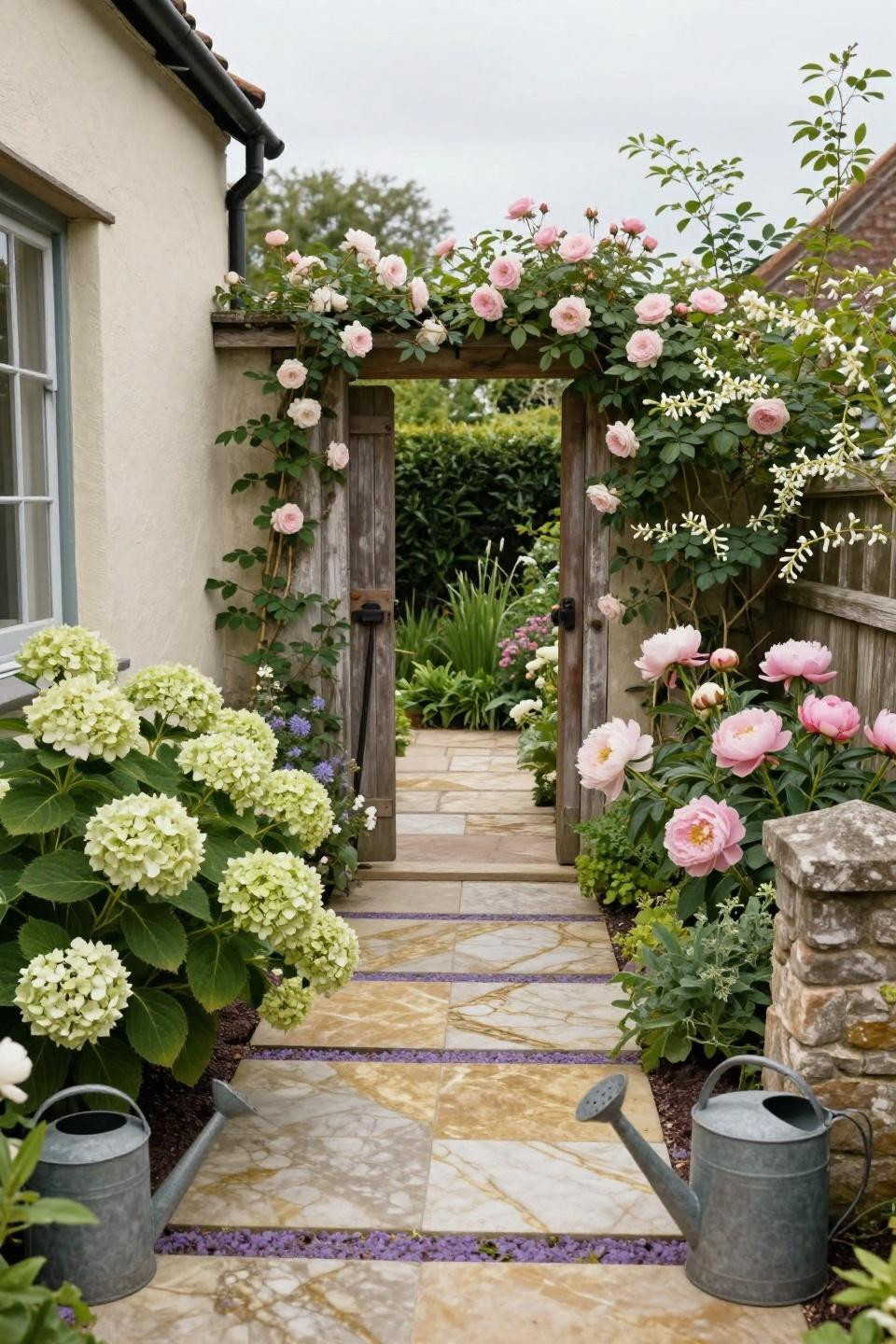 Cottage garden entrance with sage hydrangeas and pink peonies along marble pavers