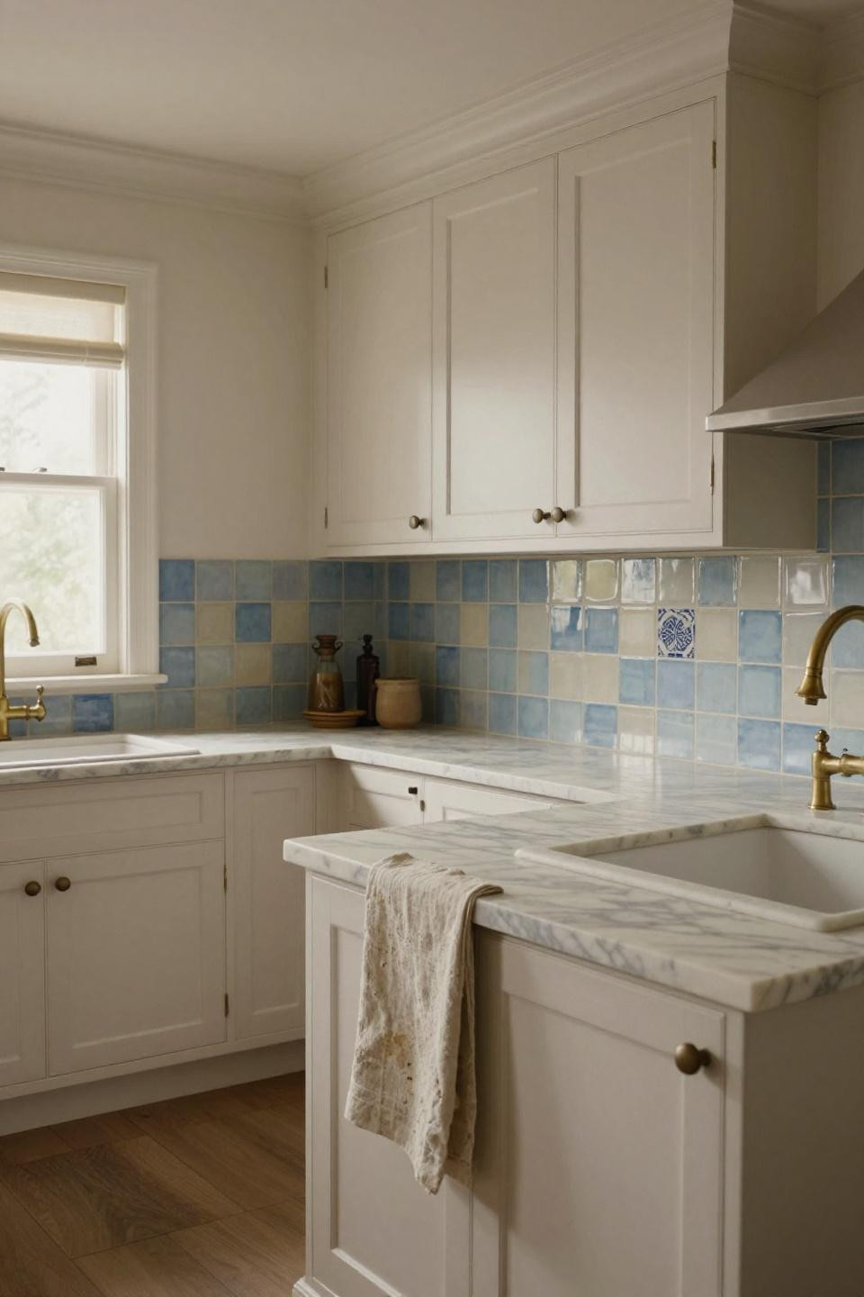 Cottage kitchen with whitewashed oak and zellige backsplash