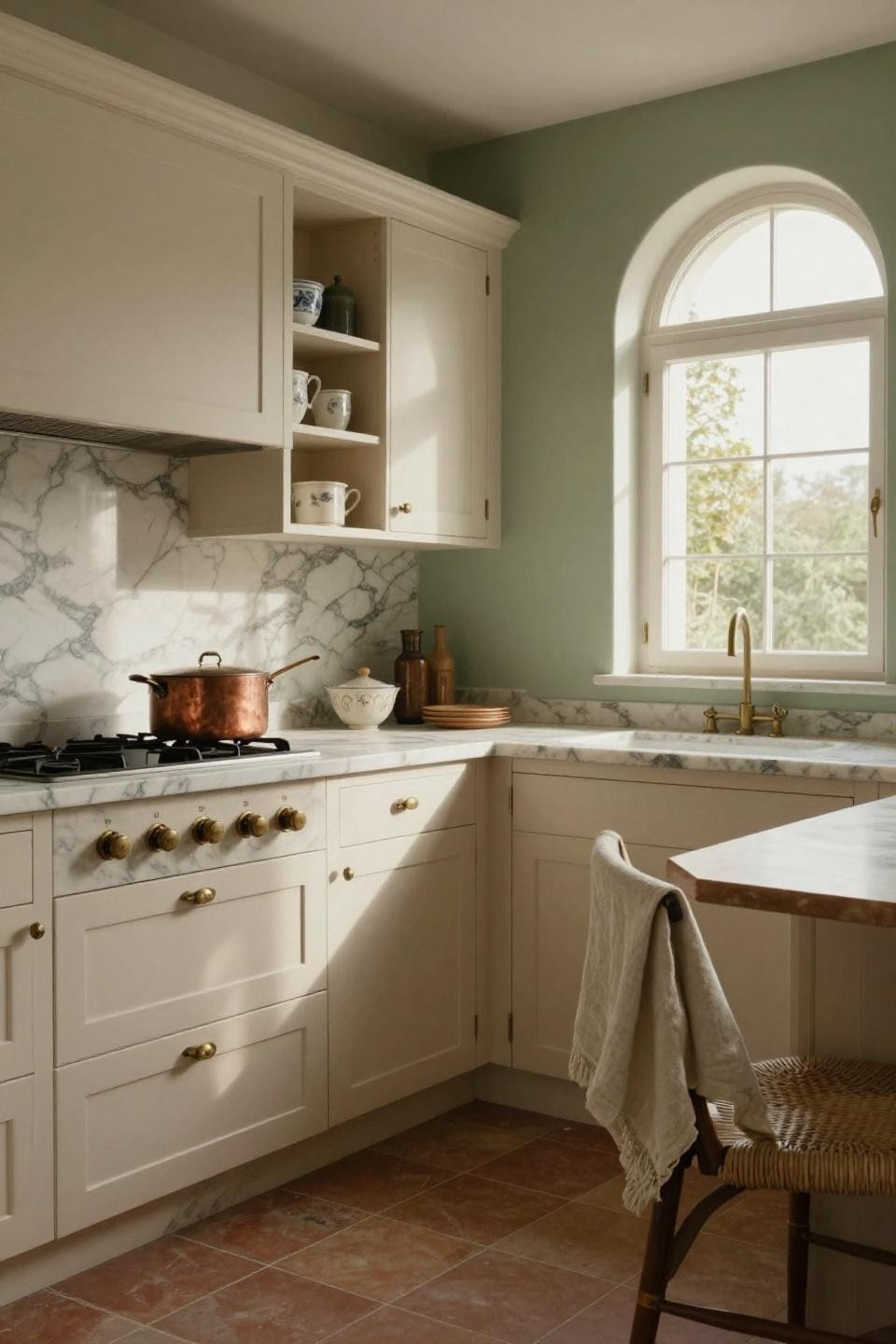 Cottage kitchen with creamy cabinetry and Calacatta Gold marble