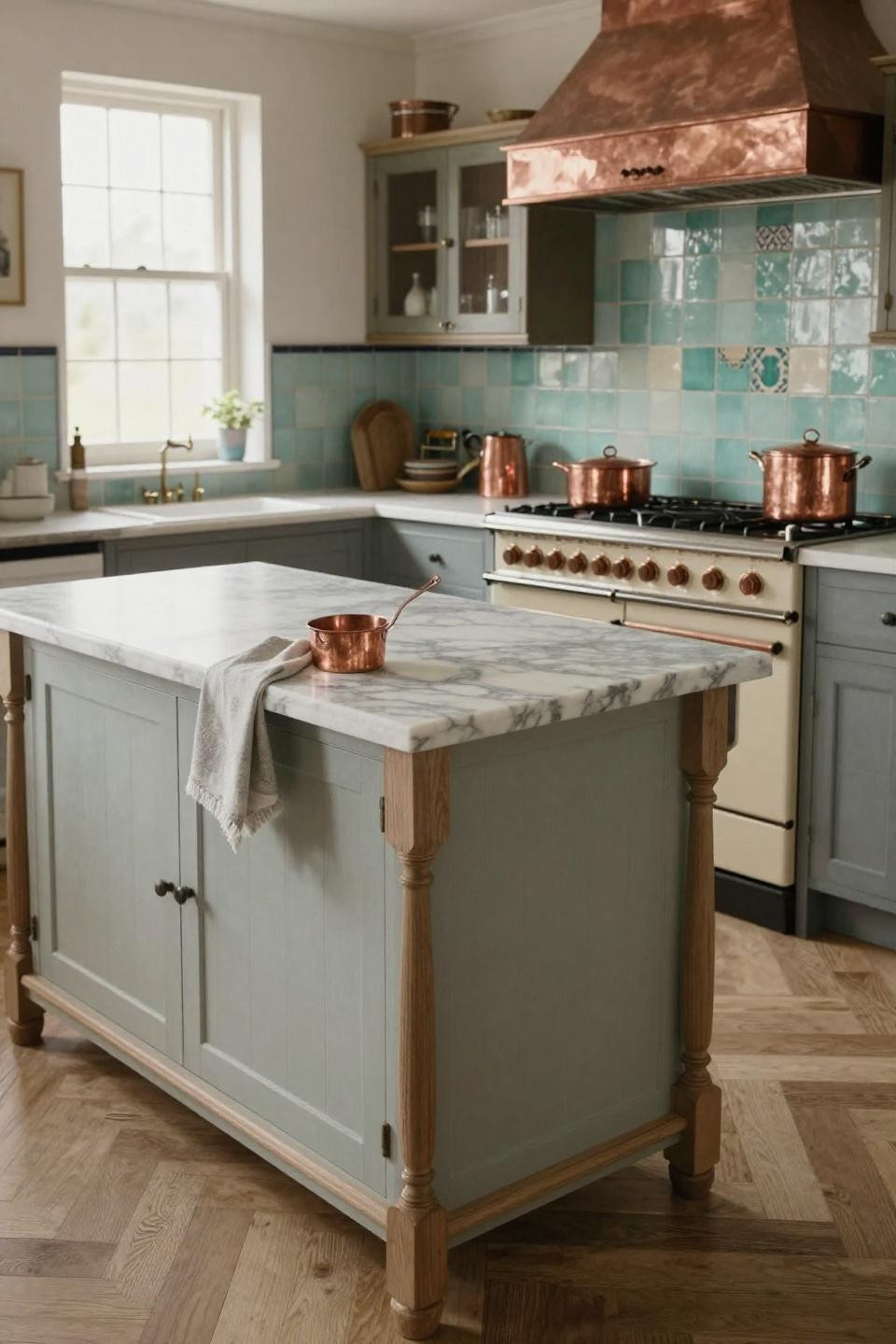 Cottage kitchen with apothecary island and aquamarine zellige tile