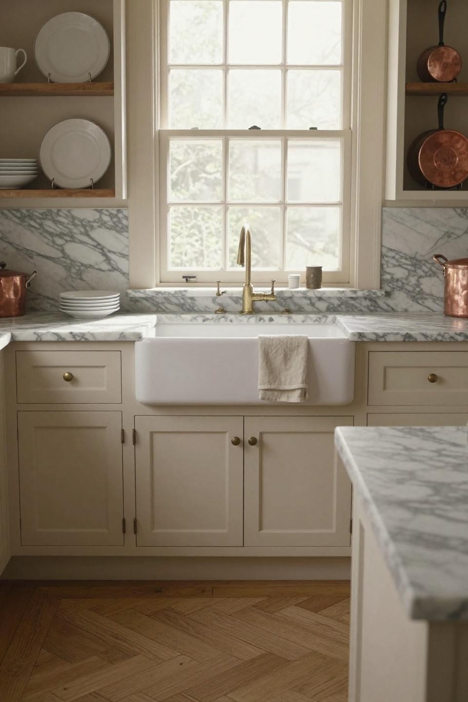 Vintage cottage kitchen with farmhouse sink and symmetrical marble