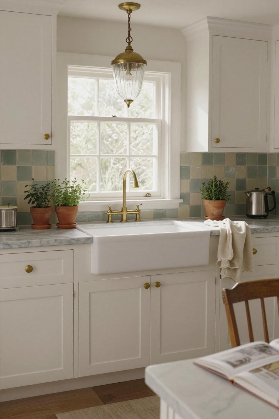 Cottage kitchen with white apron sink and book-matched marble island