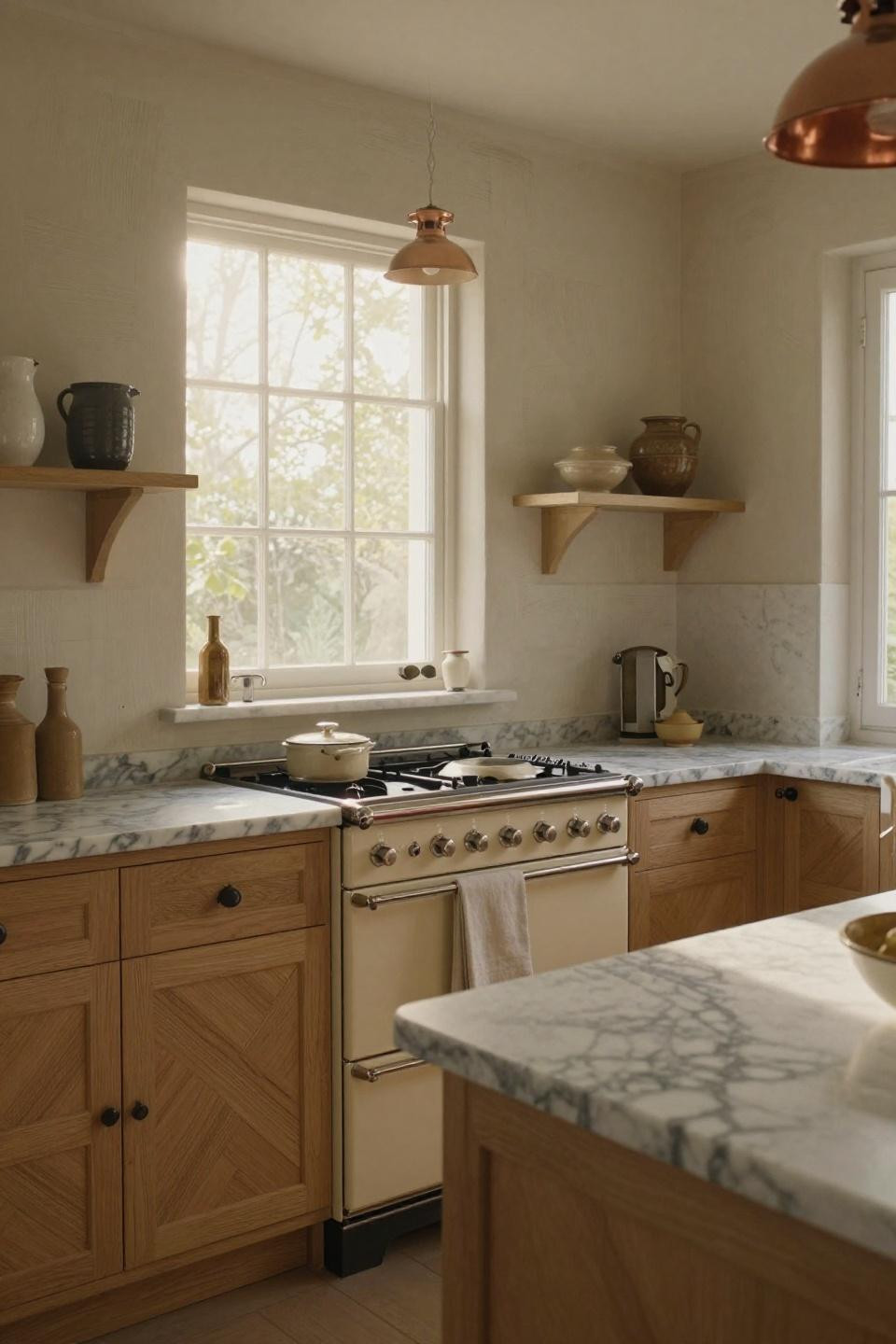 Cottage kitchen with vintage cast-iron range and Carrara marble