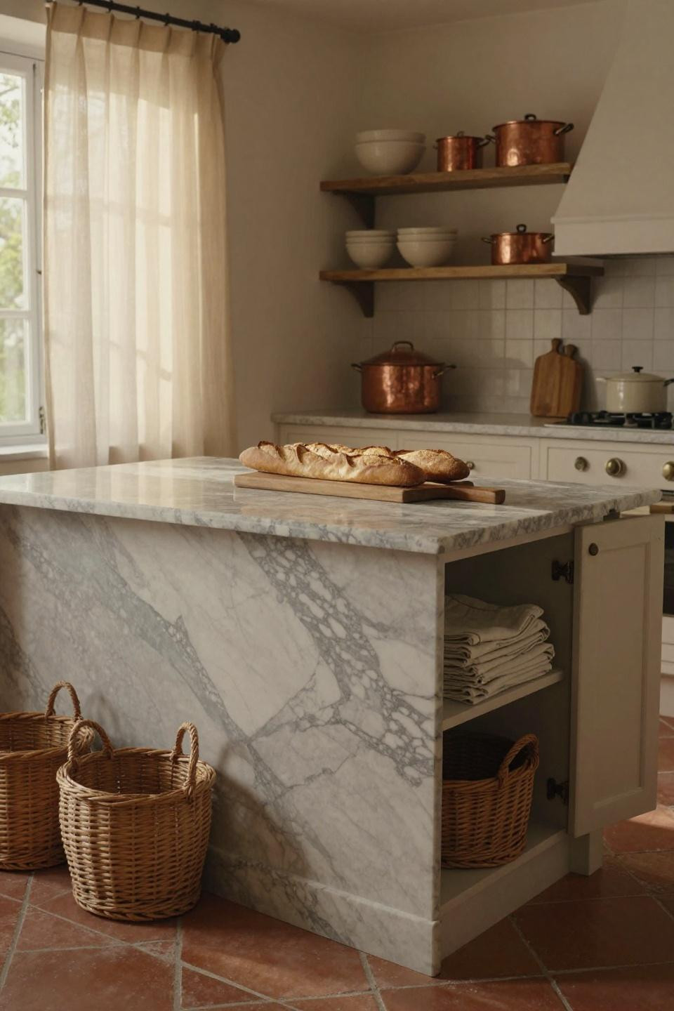 Vintage cottage kitchen with honed Carrara marble island
