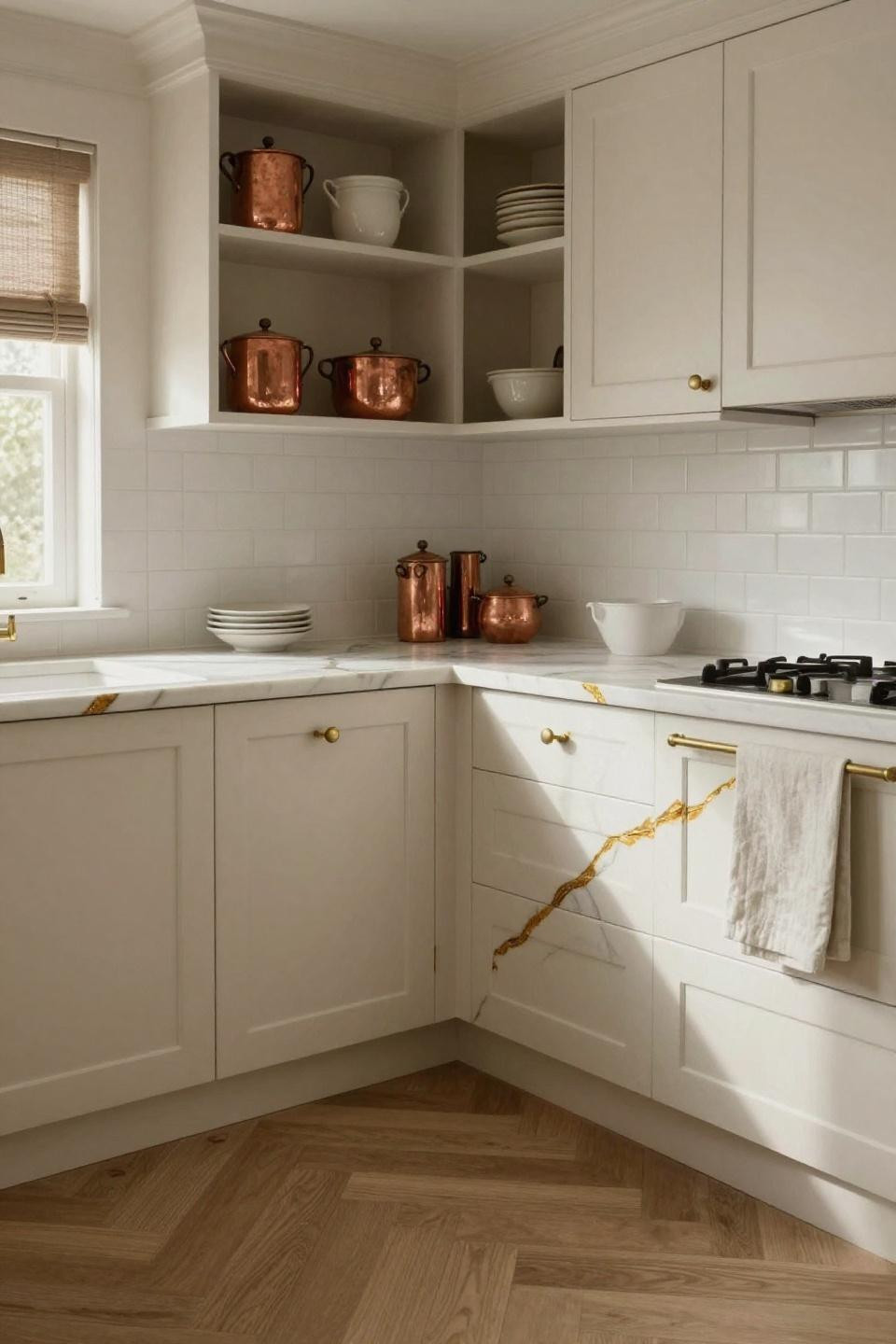Cottage kitchen with book-matched Calacatta Gold countertop