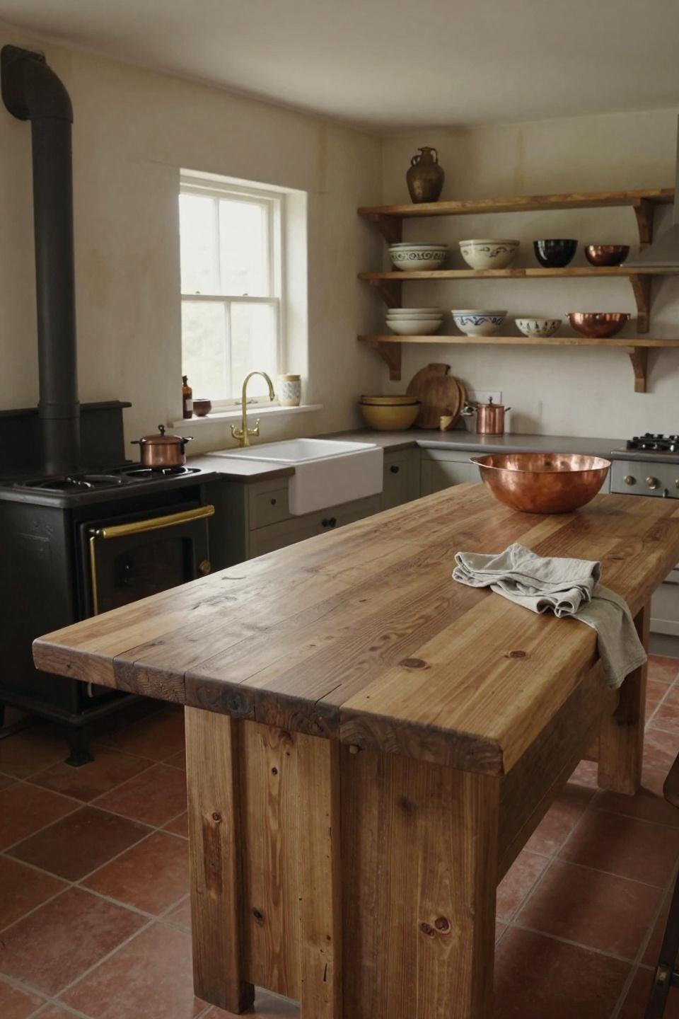 Cottage kitchen with reclaimed walnut island and butcher-block top