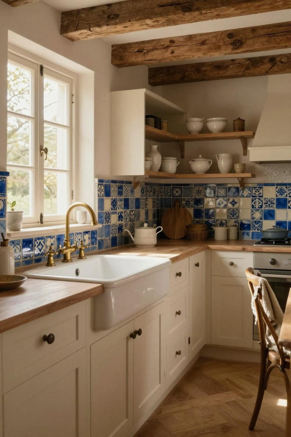 Sunlit cottage kitchen with cobalt zellige tile backsplash