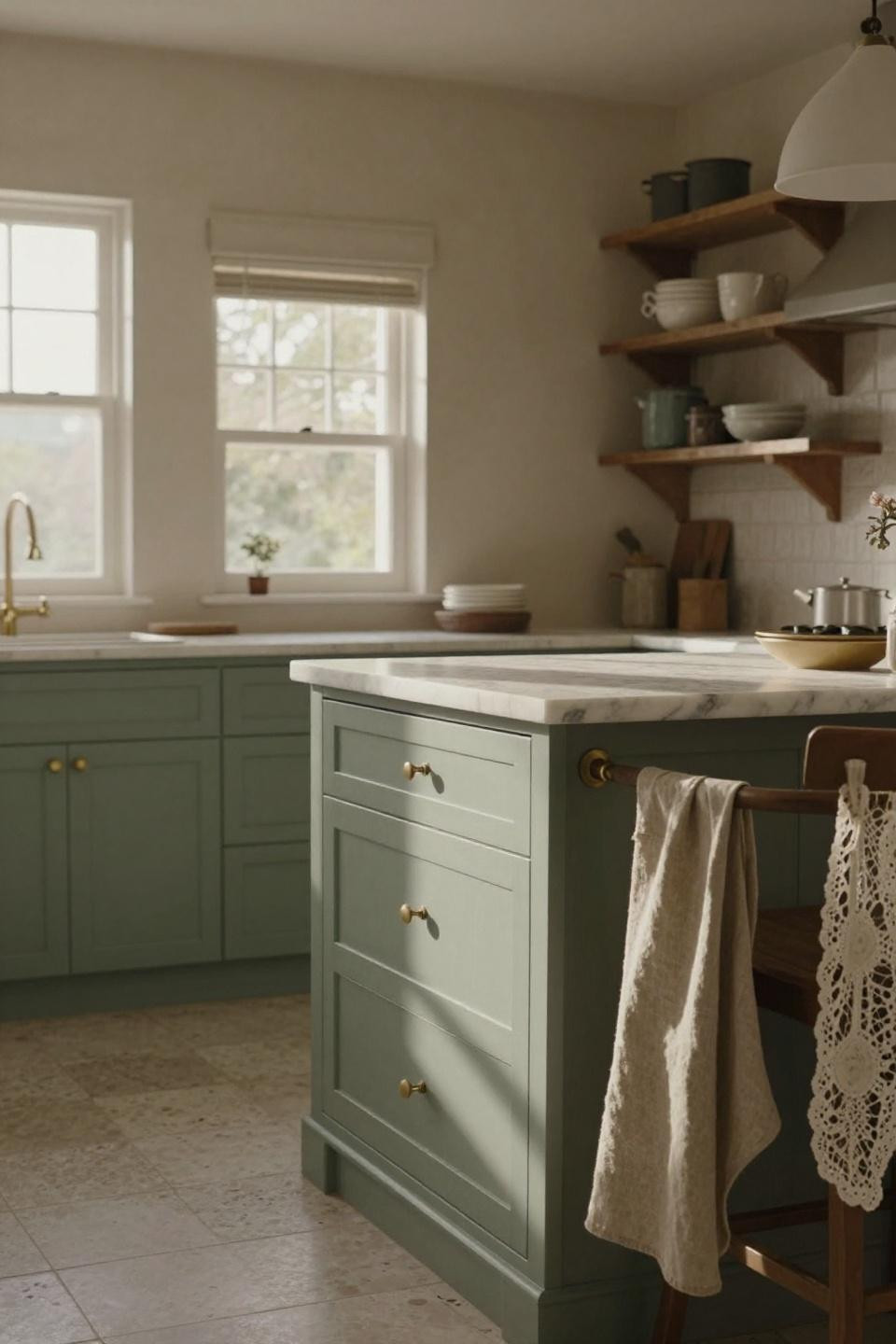 Cottage kitchen with sage cabinetry and Venetian plaster walls