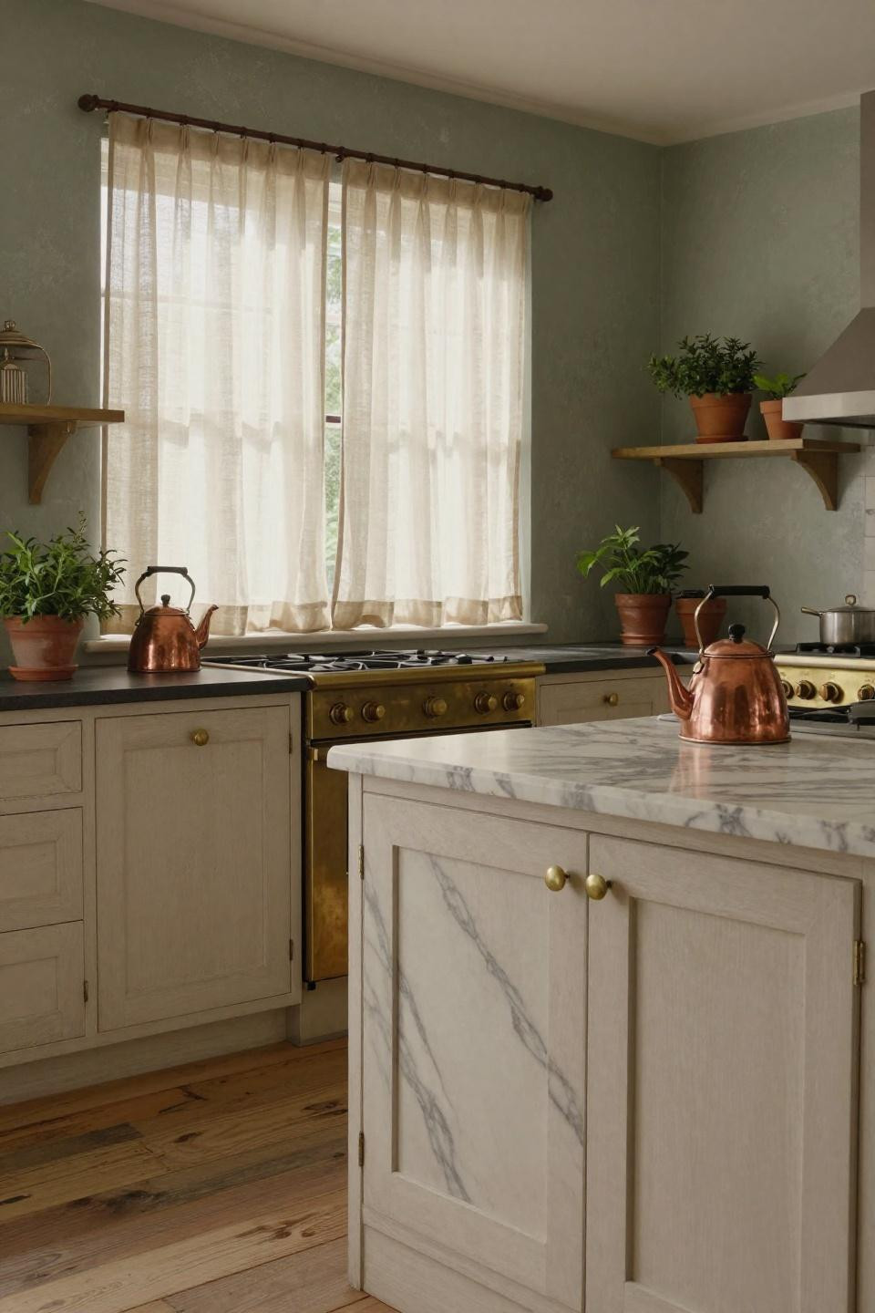 Vintage cottage kitchen with Calacatta Gold marble island