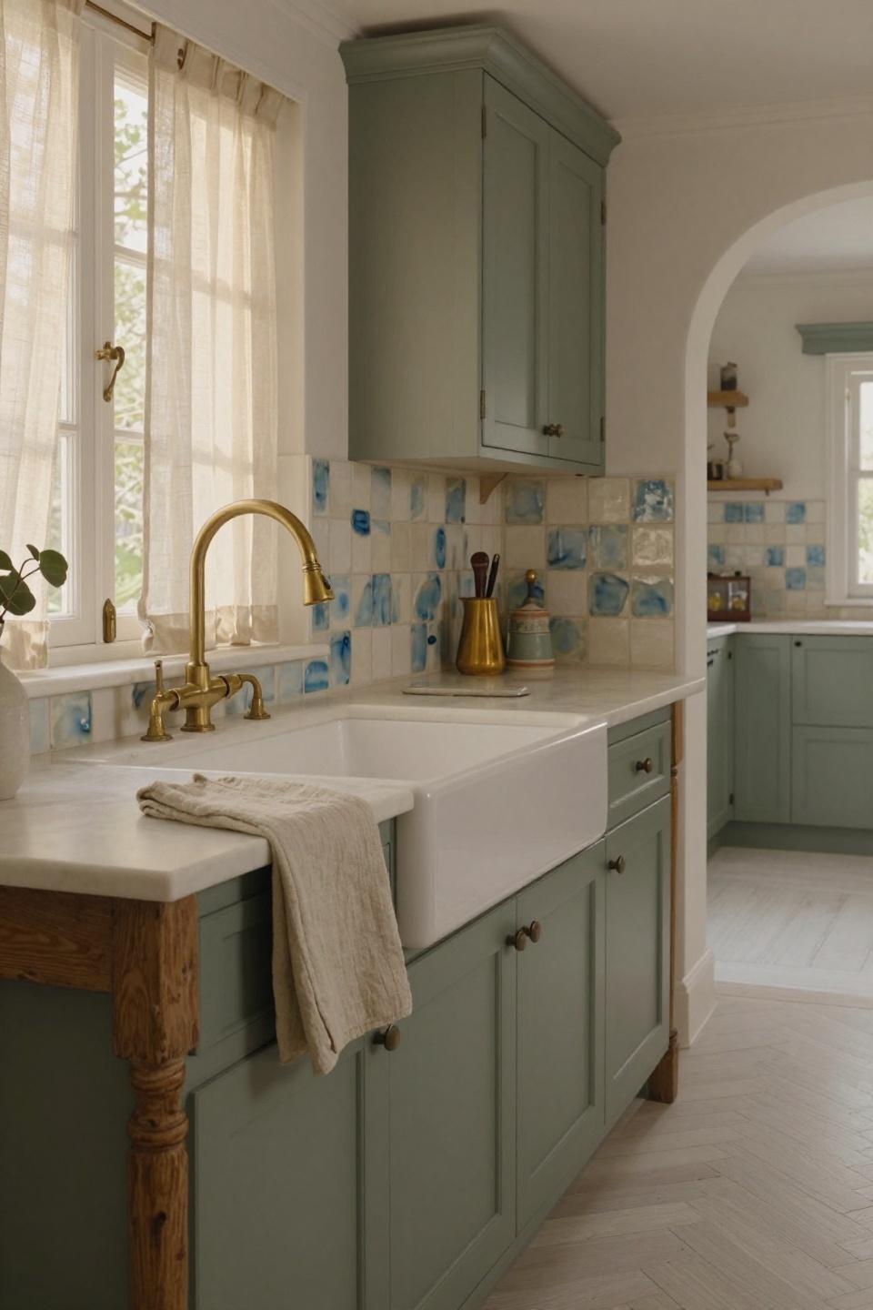 Cottage kitchen with weathered wood island and sage cabinetry