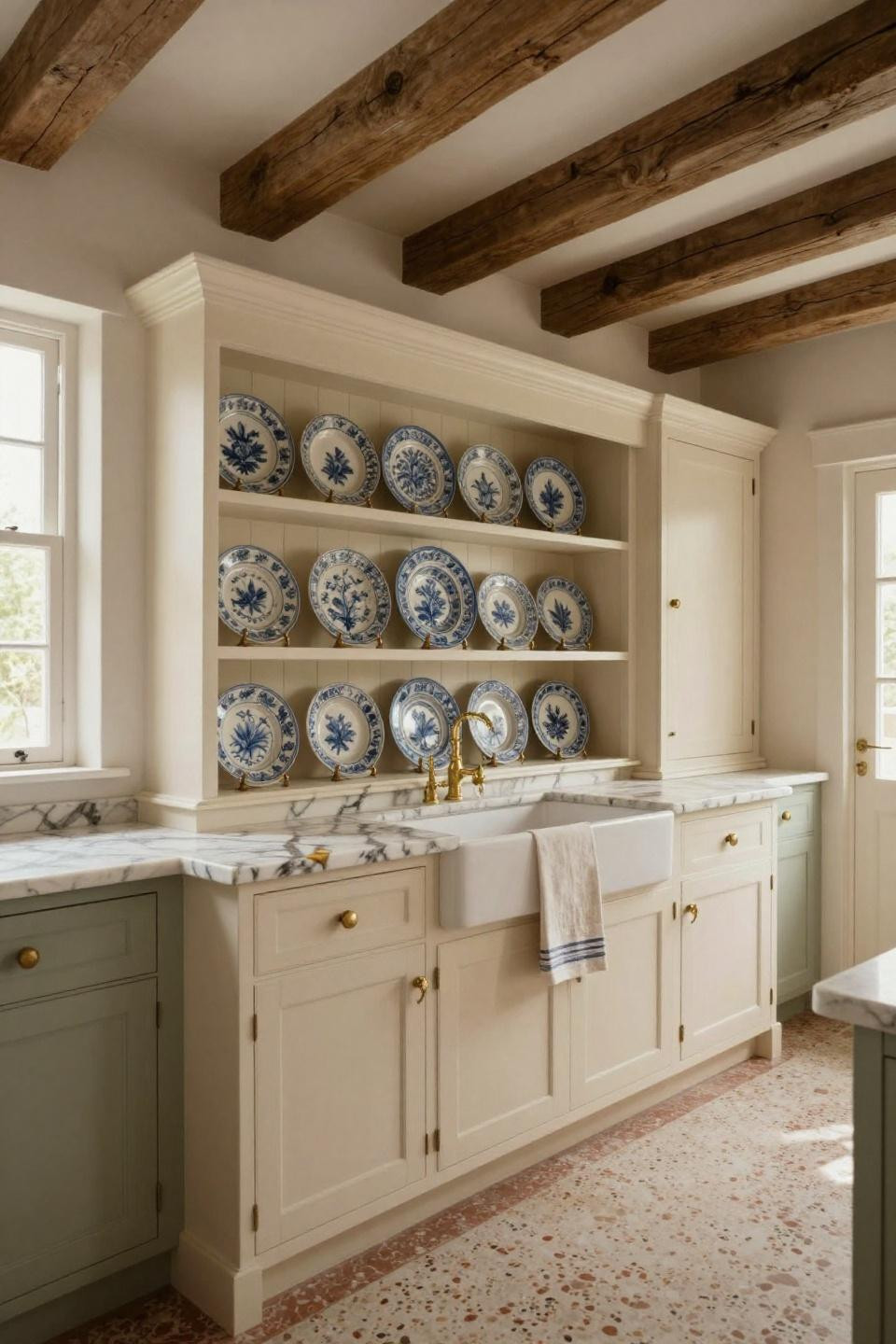 Vintage cottage kitchen with open hutch and blue-and-white ceramics