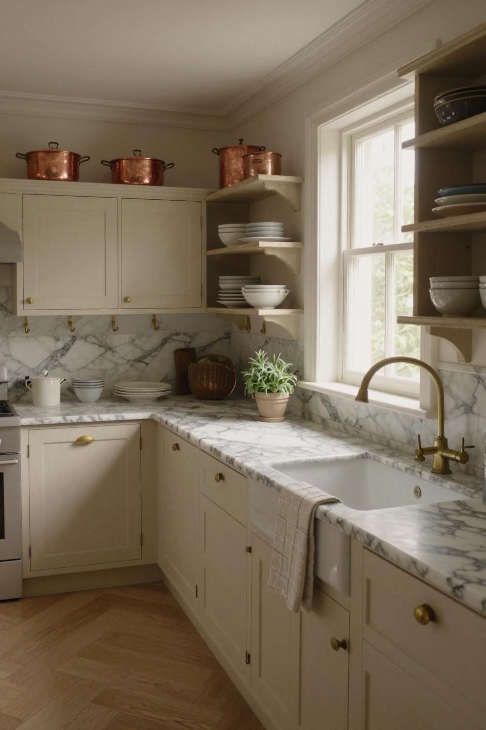 Small cottage kitchen with farmhouse cabinetry and Calacatta marble