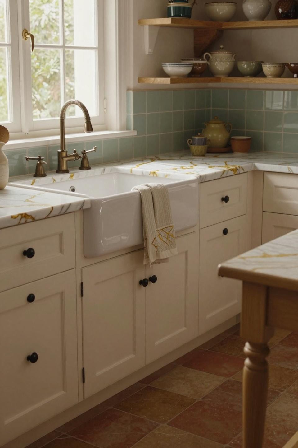 Cottage house kitchen with apron-front sink and book-matched marble
