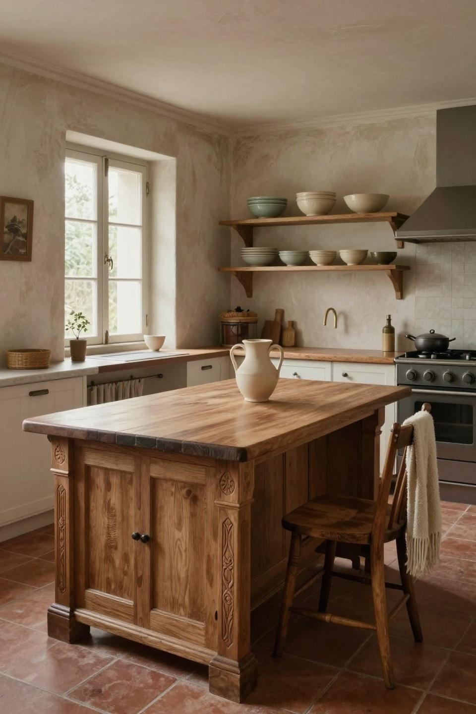 Tiny cottage kitchen with butcher-block island and Venetian plaster walls