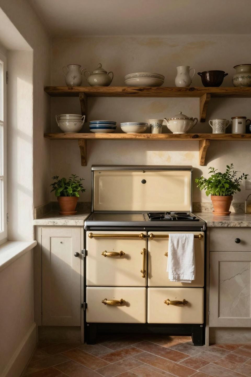 European cottage kitchen with vintage Aga and lime wash walls