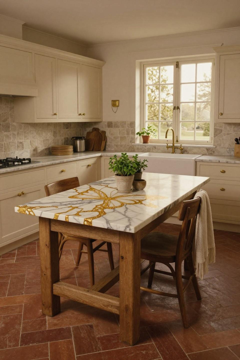 Cottage kitchen with book-matched Calacatta Gold marble countertop